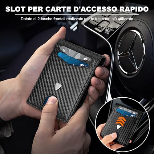 Detalle 2 de TEEHON Portafoglio Uomo RFID Blocking Slim in Pelle fibra di carbonio, 12 porte carte, ID window, fermasoldi – Nero