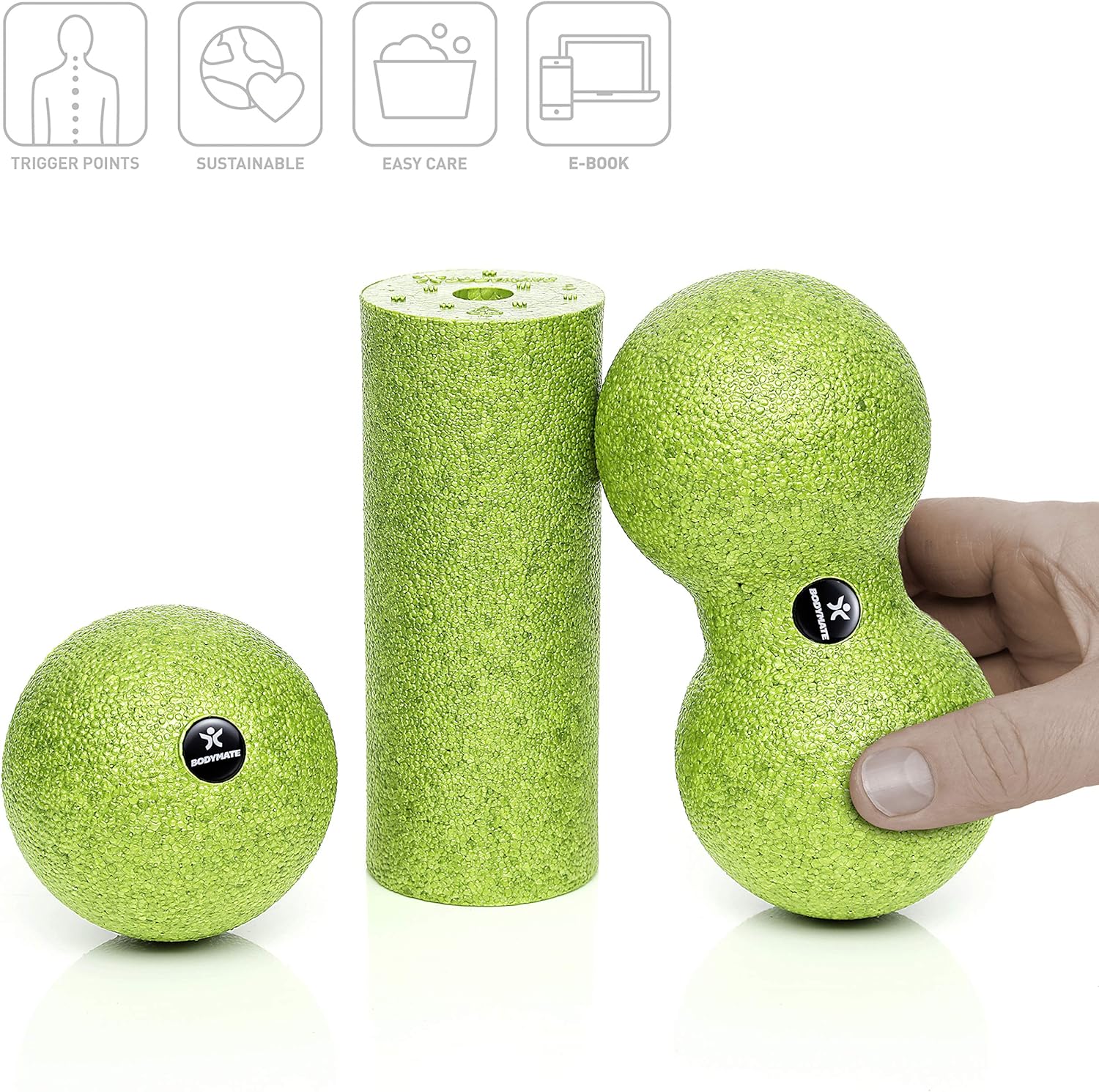 Detalle de Set massage des fascias BODYMATE : mini rouleau L15 cm, balle Ø8 cm et duo de balles Ø8 cm (vert pomme)