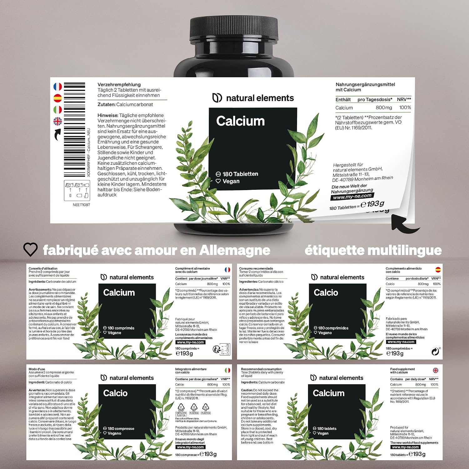 Thumbnail 4 de Calcium Comprimés Vegan Fortement Dosés – 180 comprimés (800 mg de carbonate de calcium par dose quotidienne)