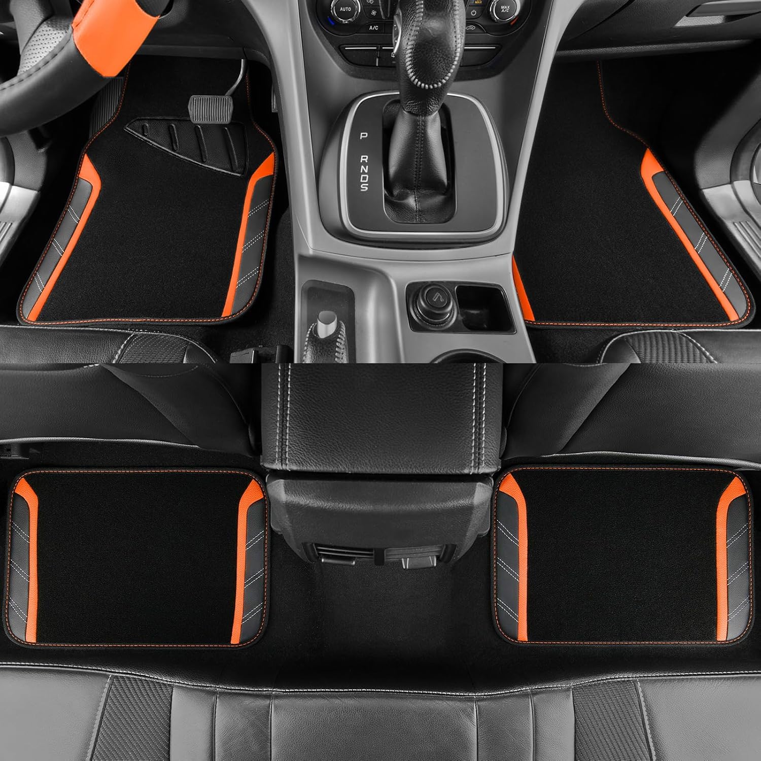 Thumbnail 5 de CAR PASS Leather Steering Wheel Cover and Waterproof Floor Mats Combo for 95% of Cars — 14.5–15 inch, Orange Sporty Lux Feel