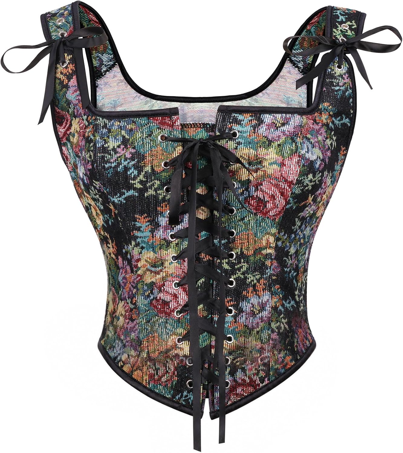 Detalle de AUYAO blommig renässanskorsett med snörning i polyester, svart eller grön