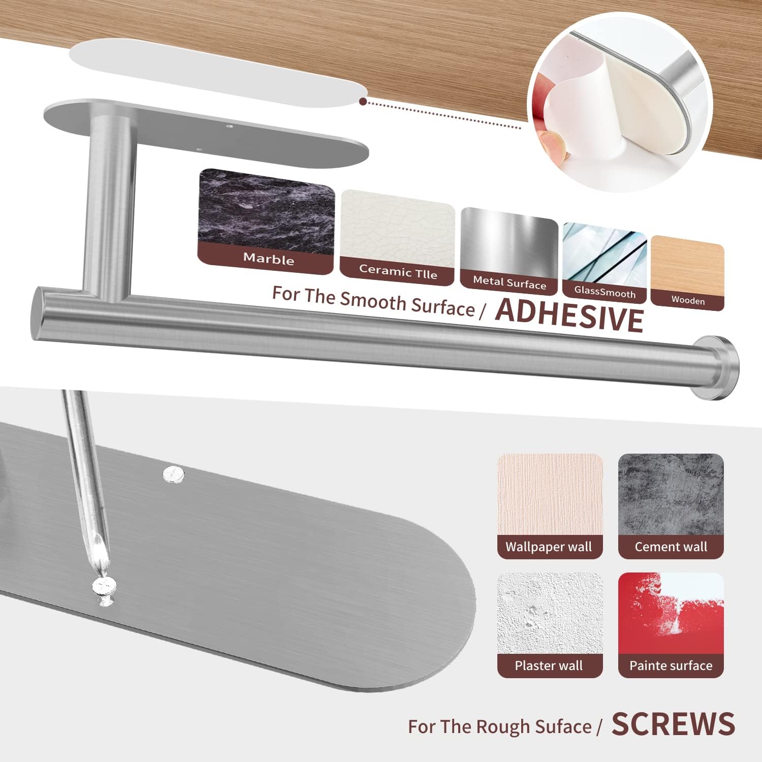 Detalle de DEKAVA PTH-ALL1 Paper Towel Holder, SUS304 Stainless Steel, Adhesive Mount