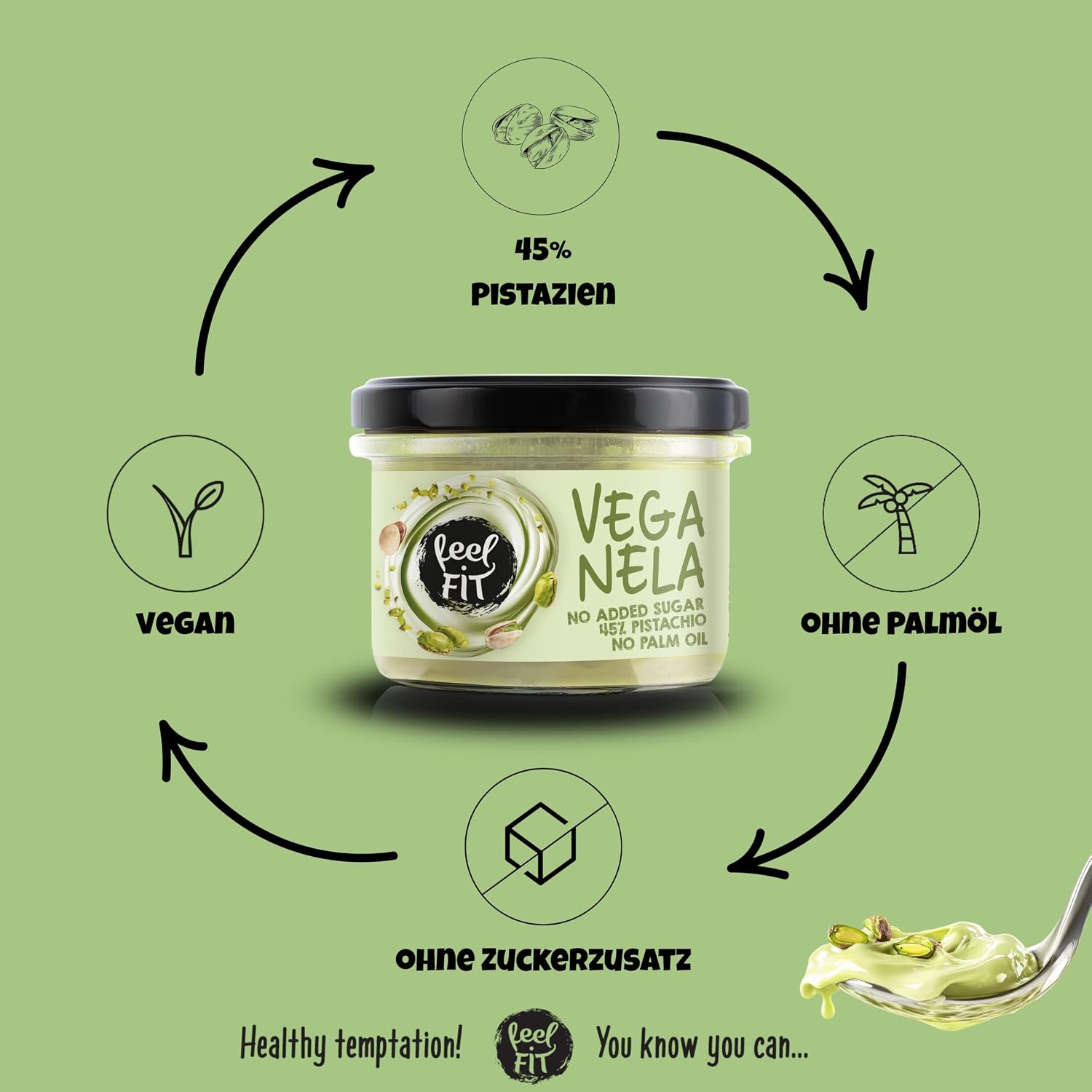 Detalle de Feel FIT VEGANELA Pistazie 45% – vegane Pistaziencreme ohne Zuckerzusatz, 2 x 200 g