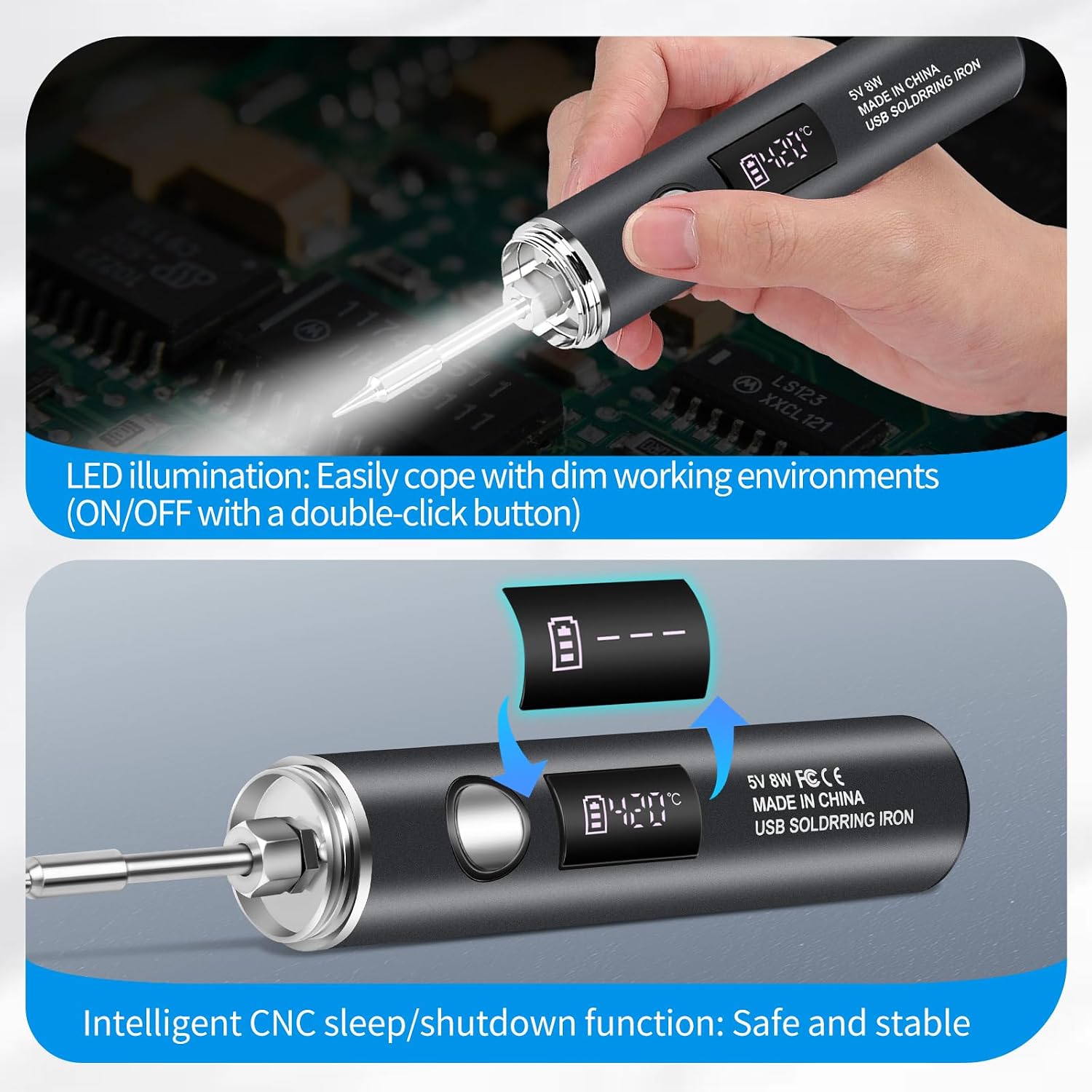 Detalle de diymore Set saldatore a batteria: saldatore senza fili USB con 5 modalità di temperatura (260–420°C) e 3 punte