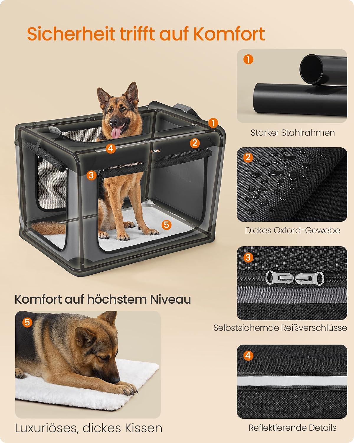 Detalle de Feandrea faltbare Hundebox 106,7 cm – Transportbox aus Stahlrahmen, Oxford-Gewebe
