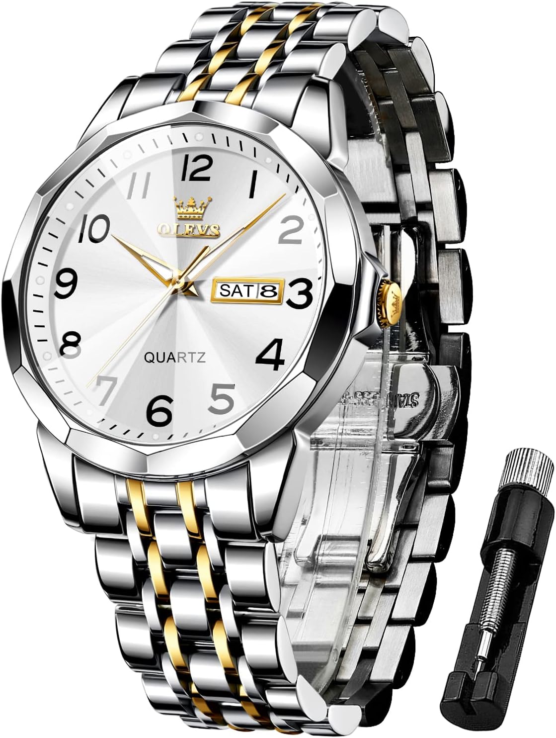 Detalle de OLEVS Business-Kleid Luxus-Herrenuhr Gold/Silber mit Leuchtziffern, Quarzwerk und 30 m Wasserdicht