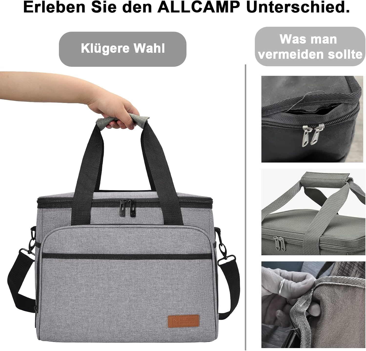 Detalle 2 de ALLCAMP OUTDOOR GEAR 30L faltbare Kühltasche (isoliert, auslaufsicher) mit 2 Kühlakkus, grau
