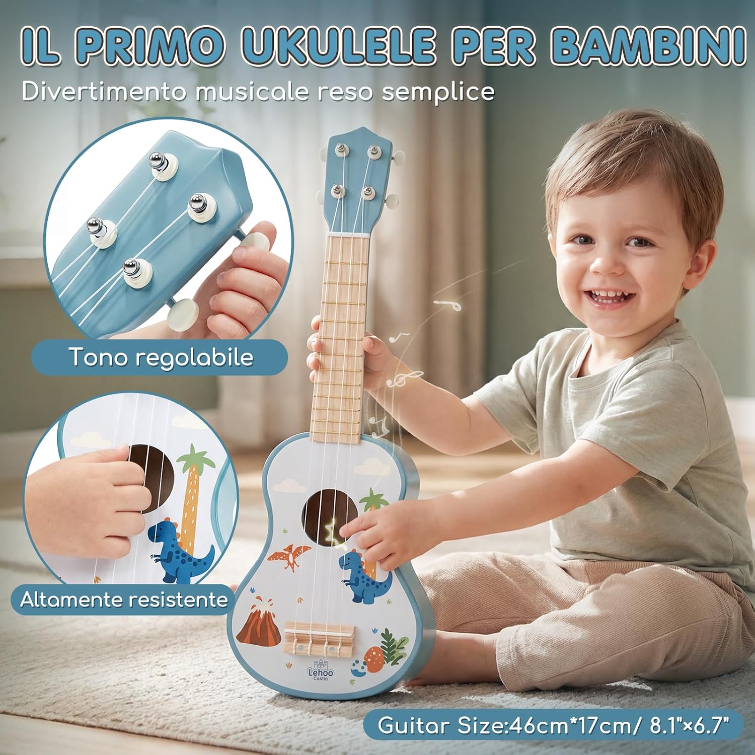 Detalle de Lehoo Castle: Chitarra per Bambini con 7 Strumenti Montessori – Giocattolo in Legno FSC