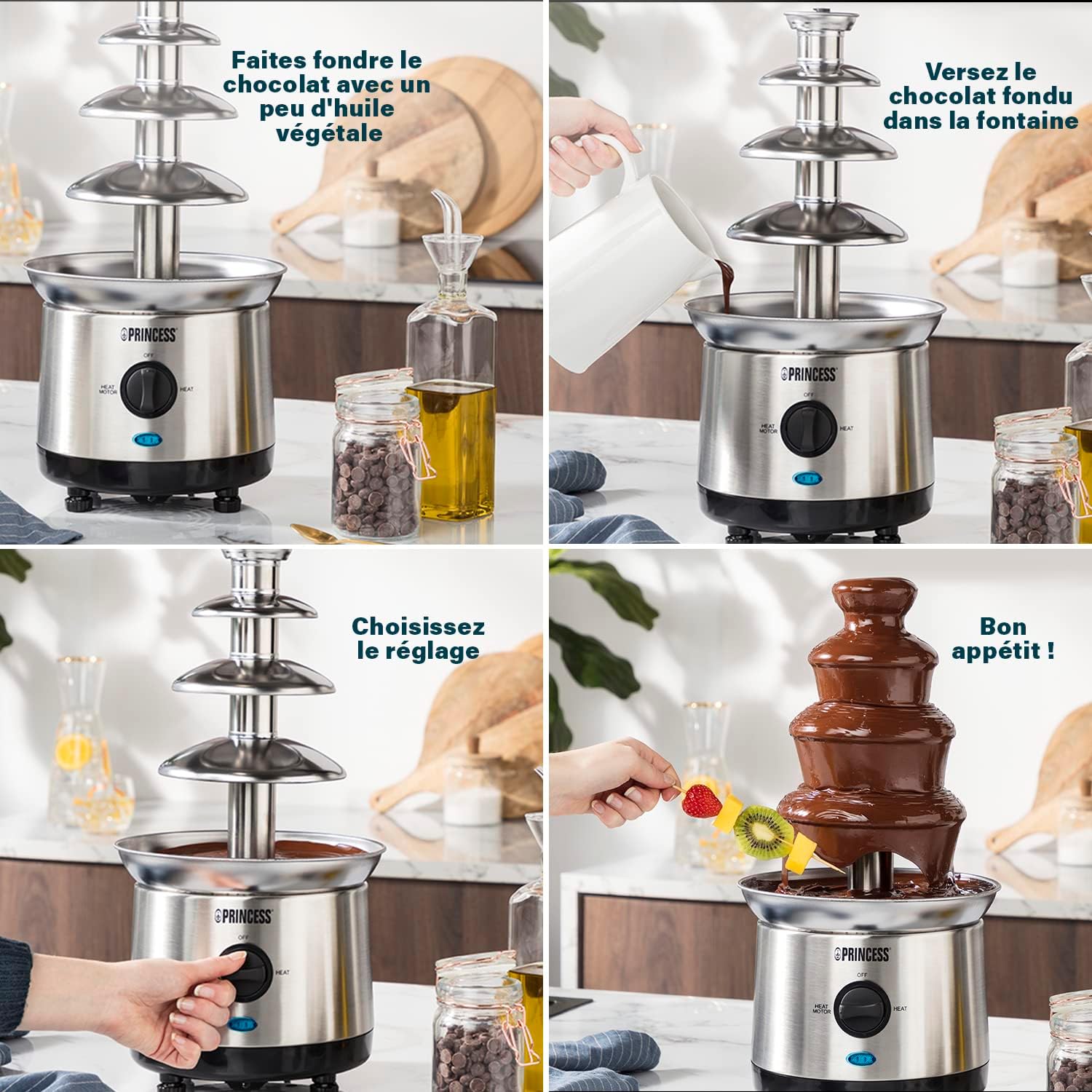 Detalle de Princess fontaine à chocolat XXL Inox Brossé – 4 étages, 1,1 L, 190 W