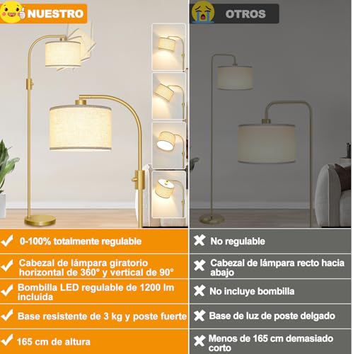 Detalle 2 de Lámpara de pie regulable Nintiue, arco dorado de 165 cm para salón