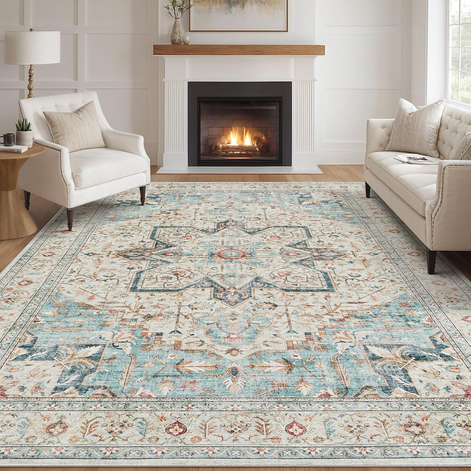 Detalle de Tortania Area Rug Living Room Rugs 10x14 Washable Boho Rug (Cream Blue)