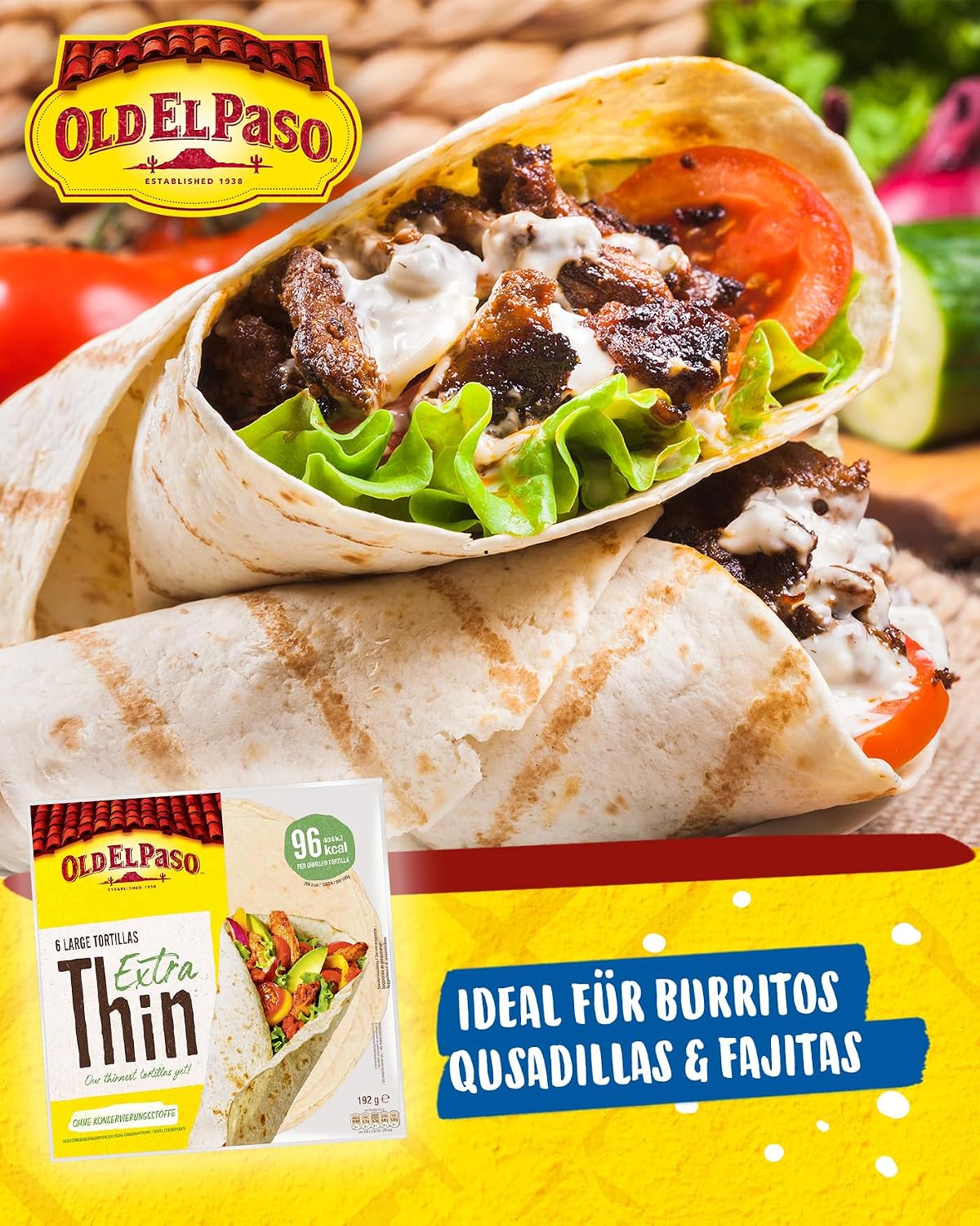 Detalle de Old El Paso Wrap Tortillas extra dünn (Ø 20 cm), 6 Stück – zum Befüllen von Tacos & Burritos
