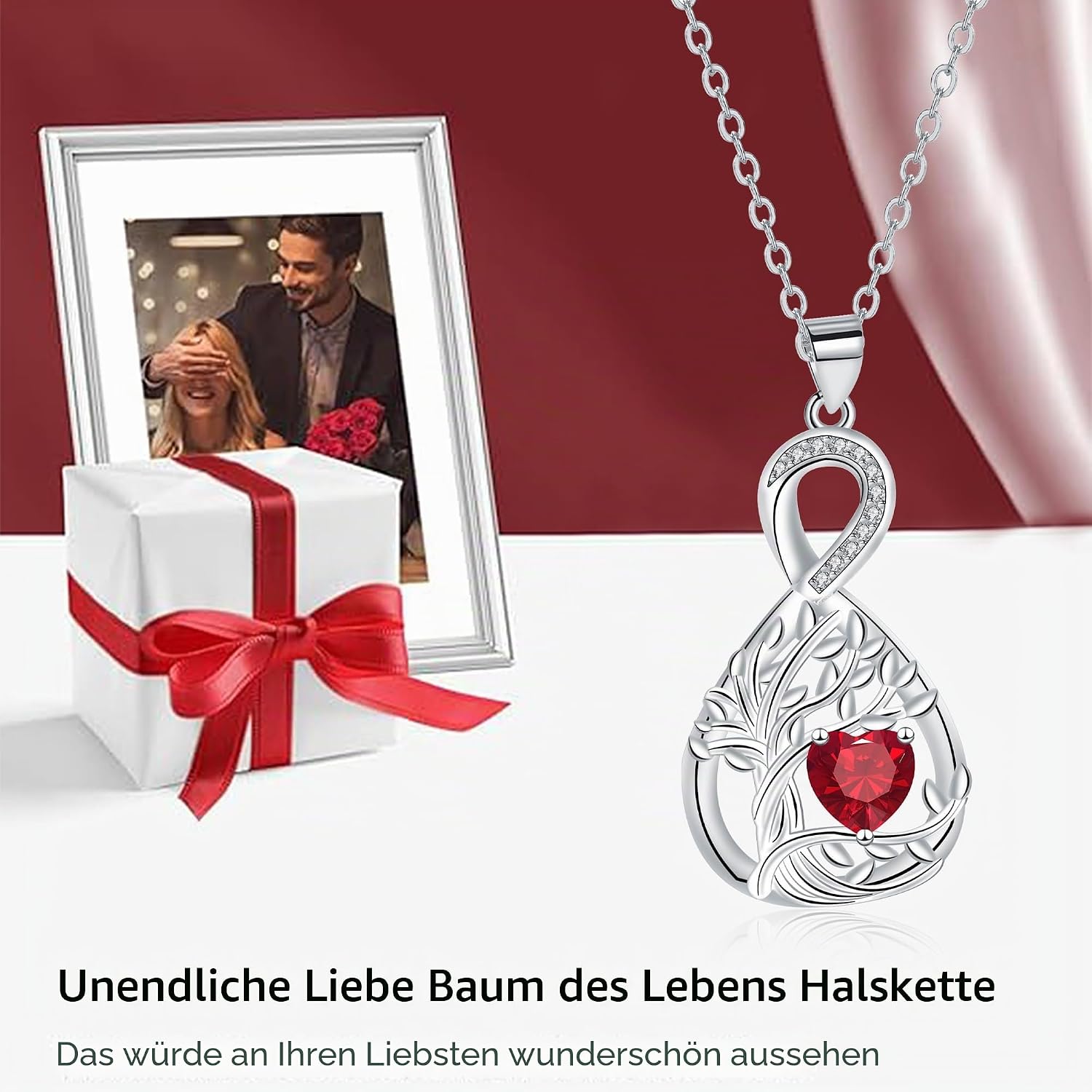 Detalle de J.MUEN Halskette Damen 925 Sterling Silber mit Lebensbaum-Herz Anhänger – verstellbare Kette