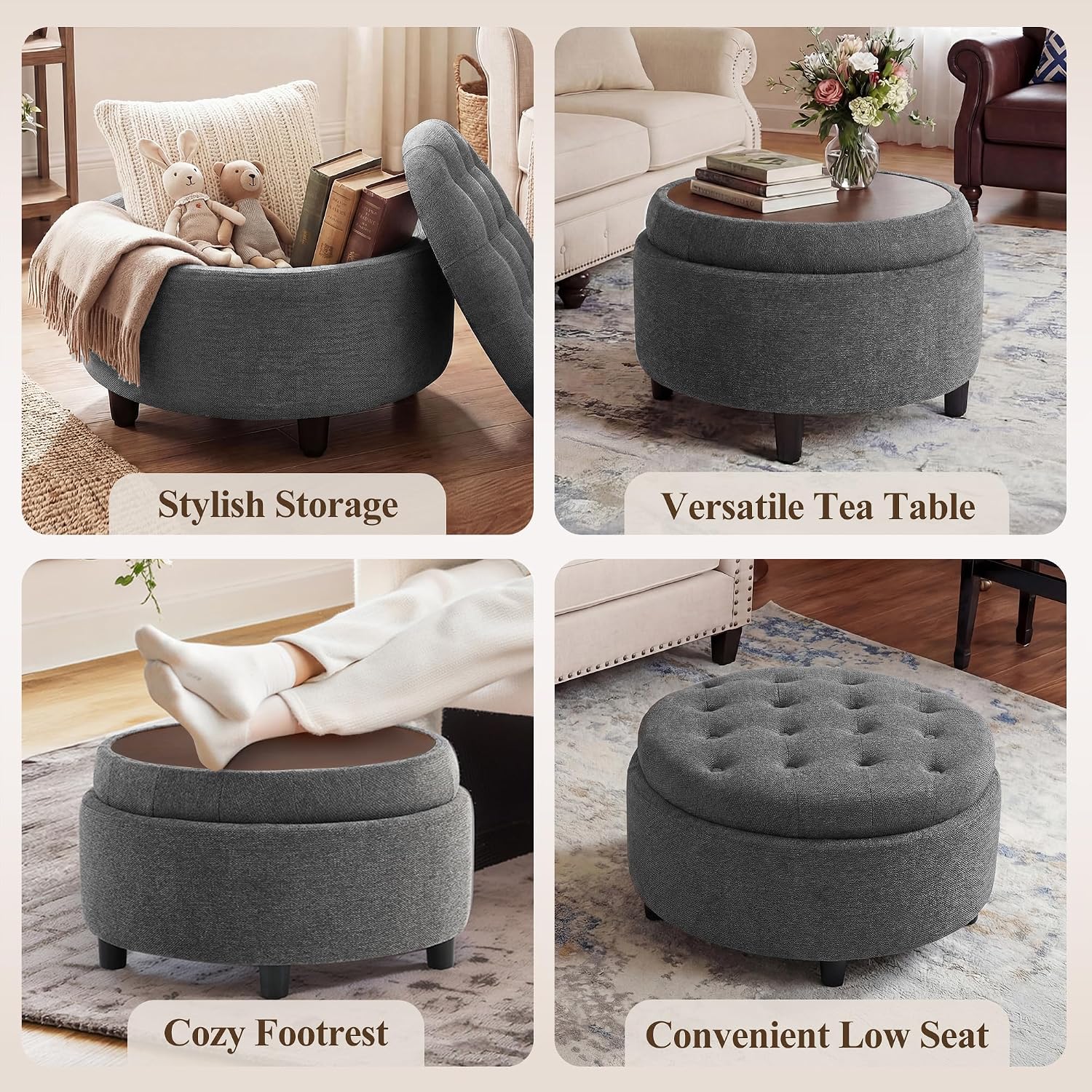 Thumbnail 4 de COLAMY VC-K311-DGY-FB Round Storage Ottoman with Reversible Tray Lid, Dark Grey