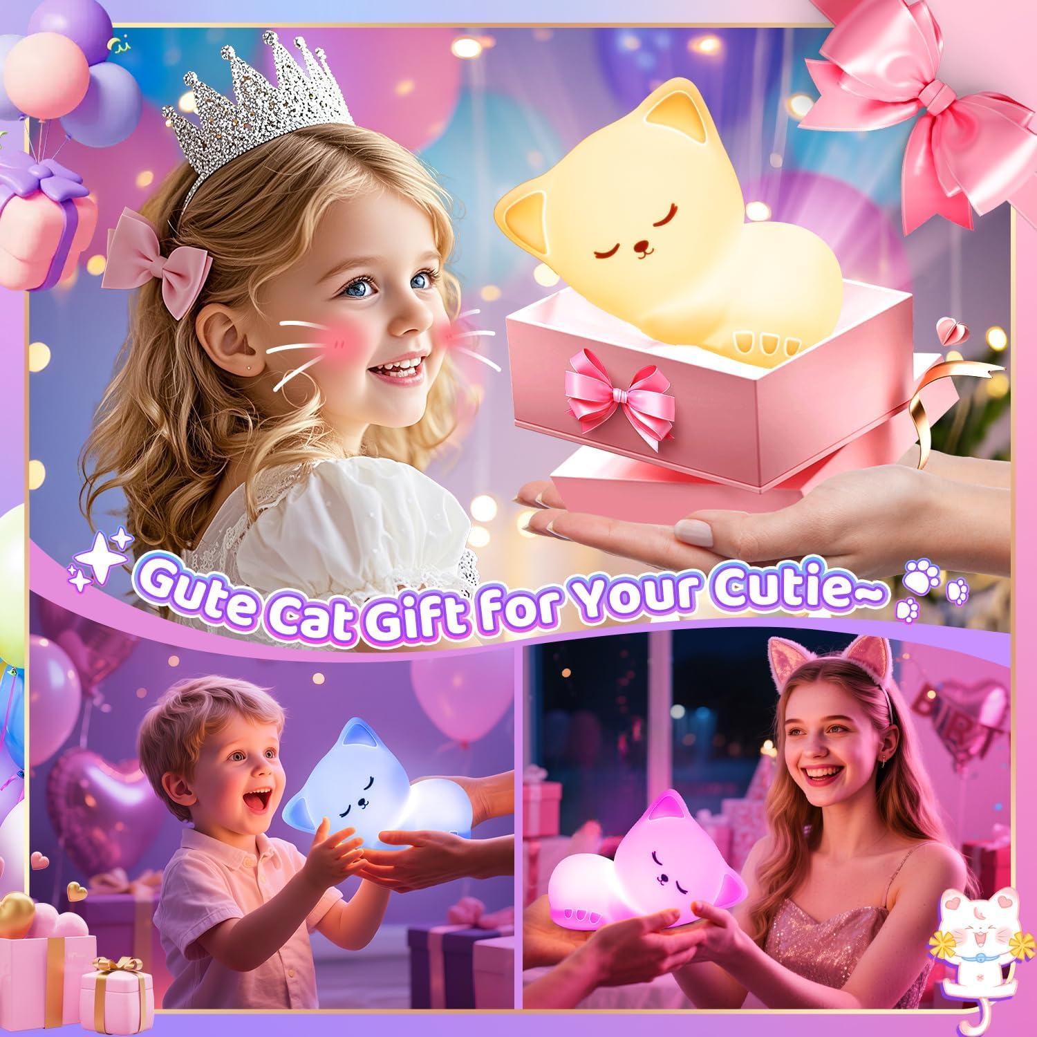 Detalle de Mubarek night light Cat Night Light for Kids, 16 Colors, Rechargeable Silicone
