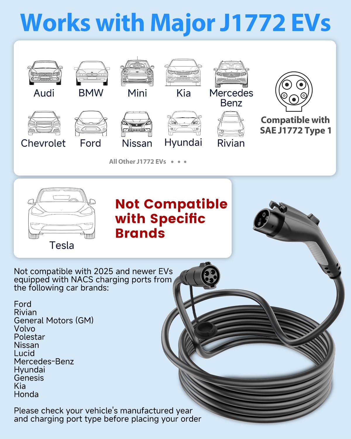 Detalle 2 de SEGUMA EV Charger Extension Cable (21ft, 40Amp) for J1772 EVs/PHEVs