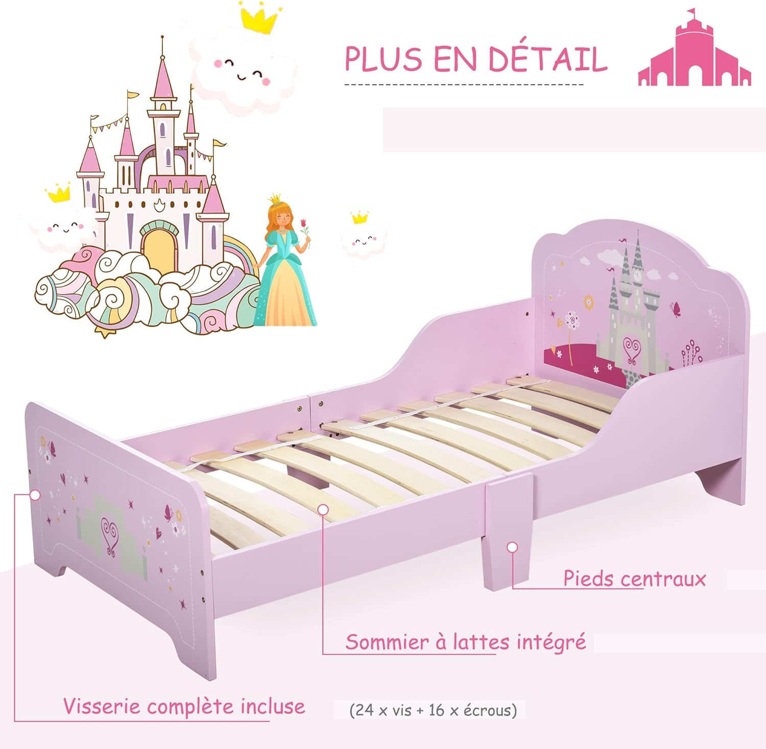 Thumbnail 4 de Lit enfant HOMCOM 140 x 70 cm – design Princesse château rose avec sommier à lattes inclus