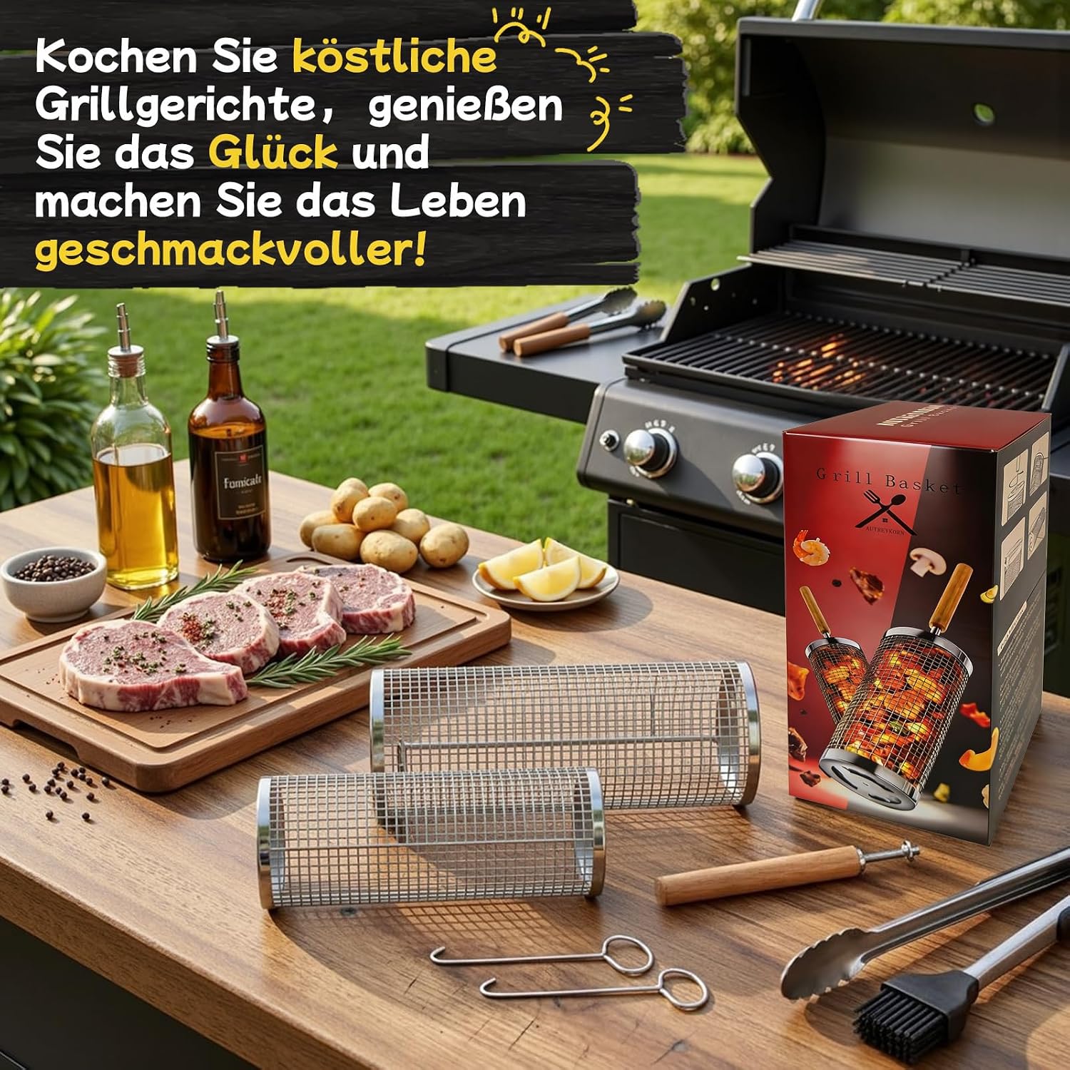 Detalle de Autreykorn Grillkorb 2er Set – Abnehmbarer Holzgriff, Edelstahl 304, inkl. 2 Gabeln