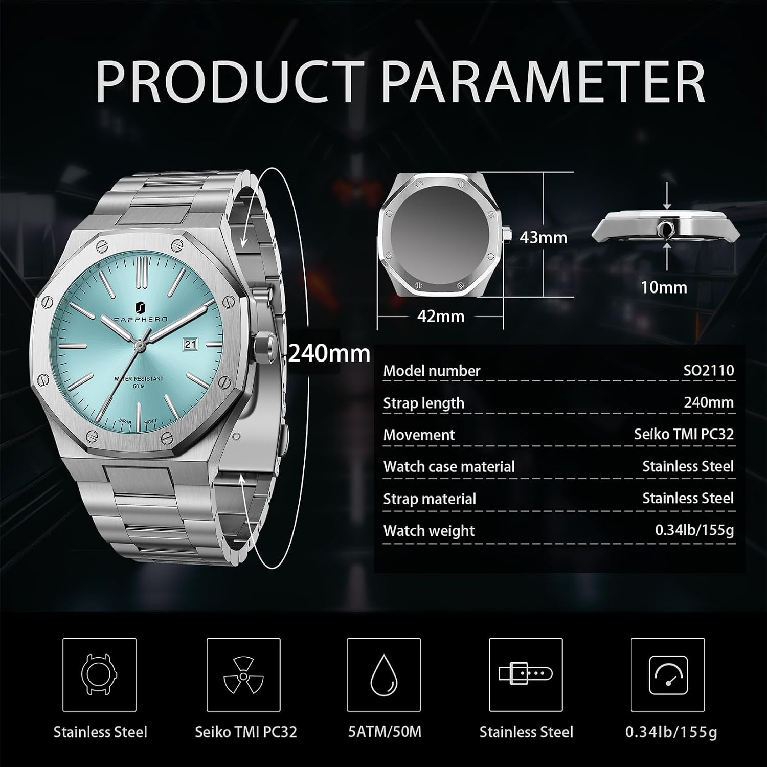 Thumbnail 6 de SAPPHERO Montre pour Hommes en Acier Inoxydable — Montre 50M, boîtier octogonal, quartz japonais, avec date et luminosité
