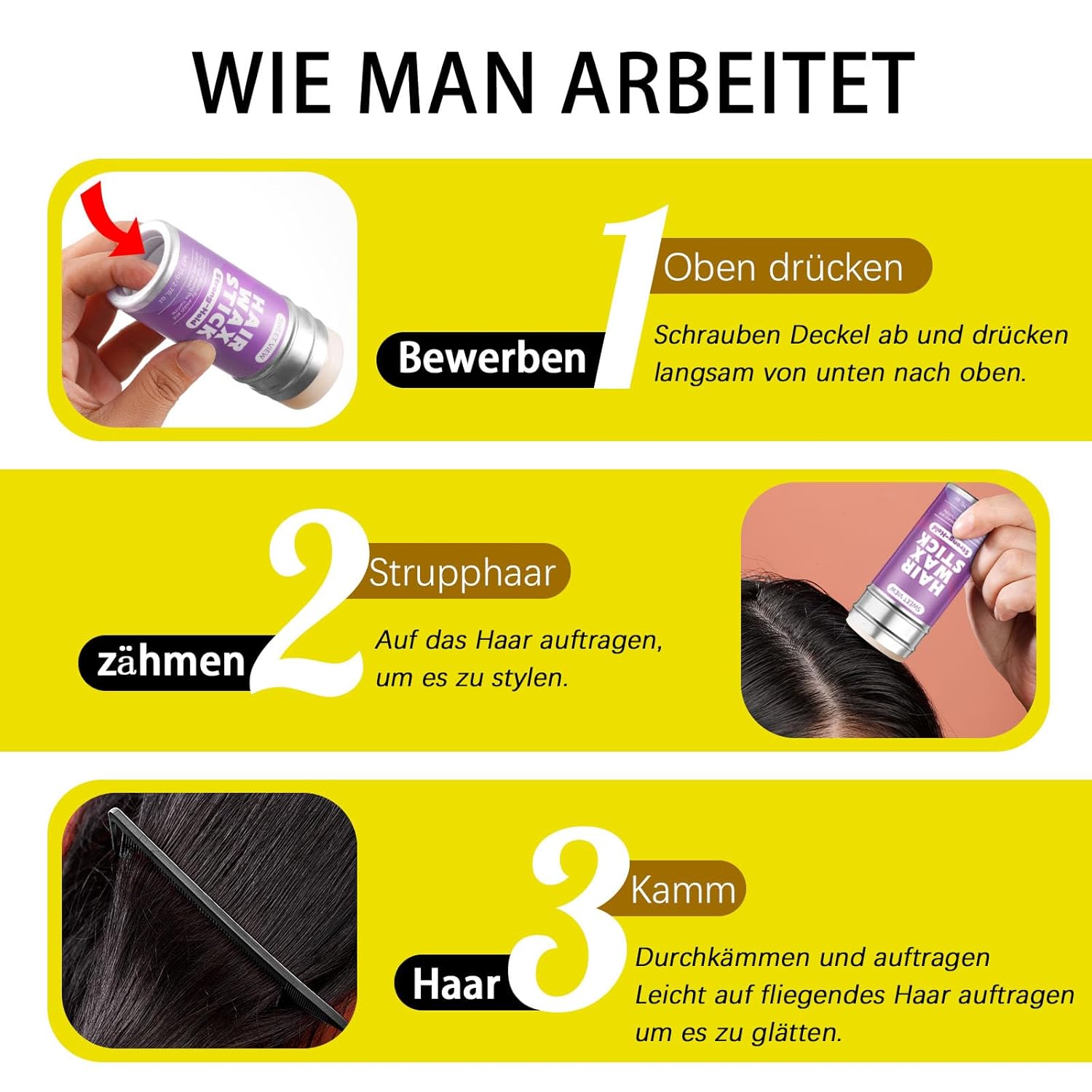 Detalle de SWEET VIEW Haarwachs-Stick & Haarbürsten – glatte Flughaare, Frizz-Kontrolle und elegante Dutt- oder Pferdeschwanz-Frisuren