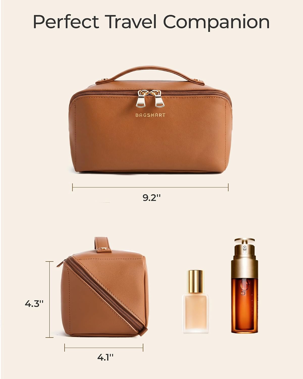 Thumbnail 2 de BAGSMART Kosmetiktasche Damen aus PU-Leder – Wasserdichte Kulturtasche mit Trenner und Griff (Kamel)