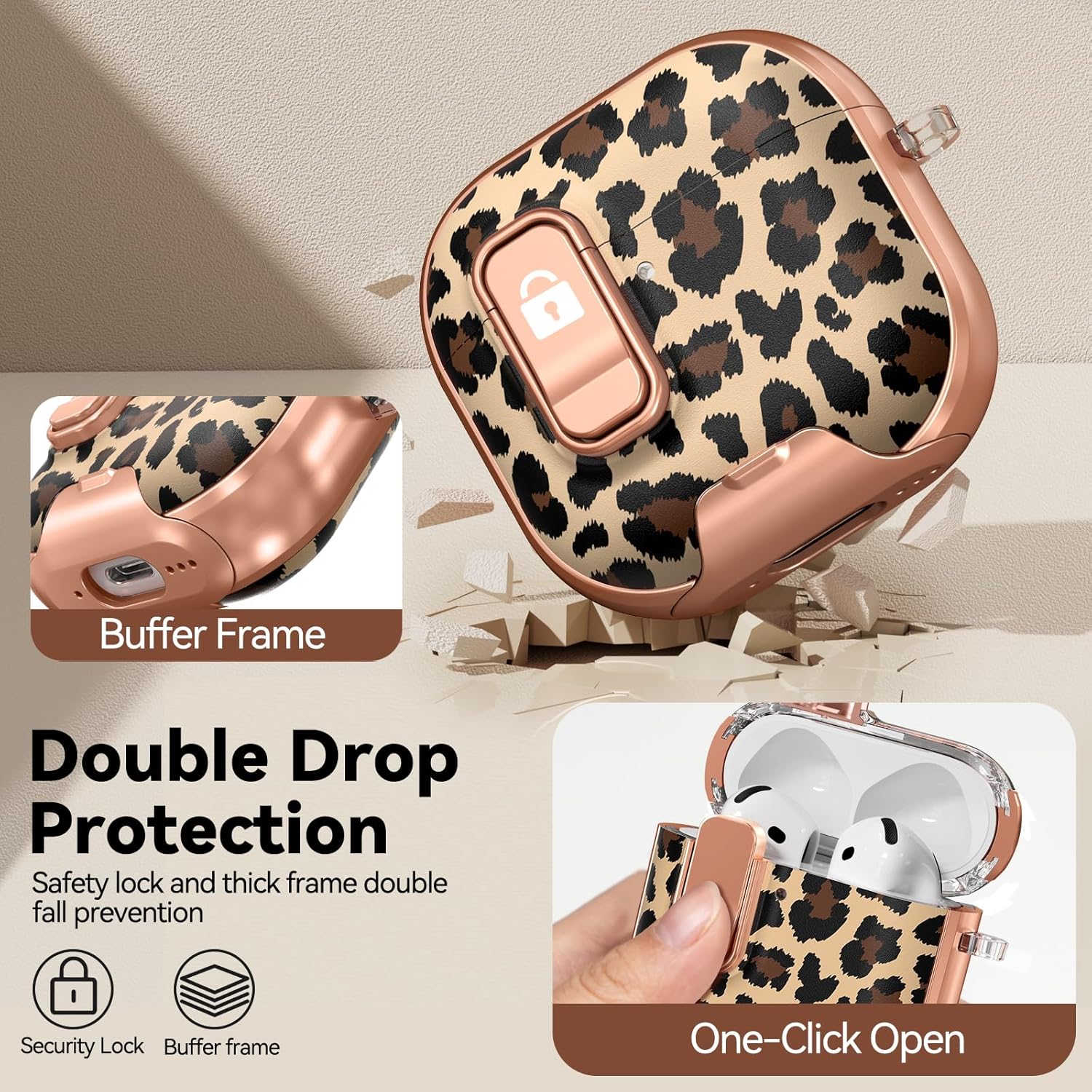 Thumbnail 2 de Polislime AirPods 4 Case with Safety Lock, Built-in Phone Stand & Leopard Print (TPU) — includes keychain & cleaning kit