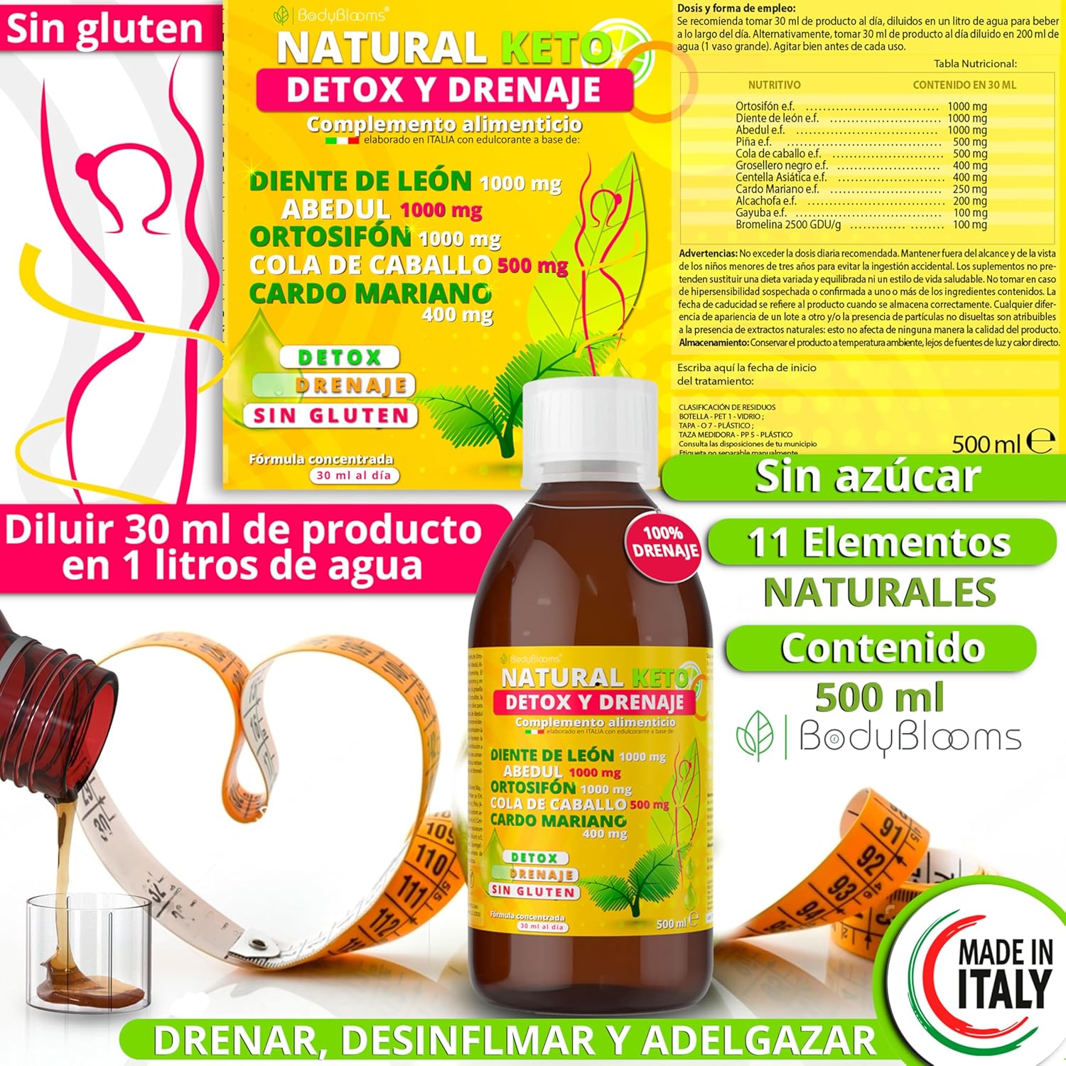 Detalle de Bodyblooms Quemagrasas potente 500 ml: detox, diuréticos y anticelulítico para apoyar la pérdida de peso