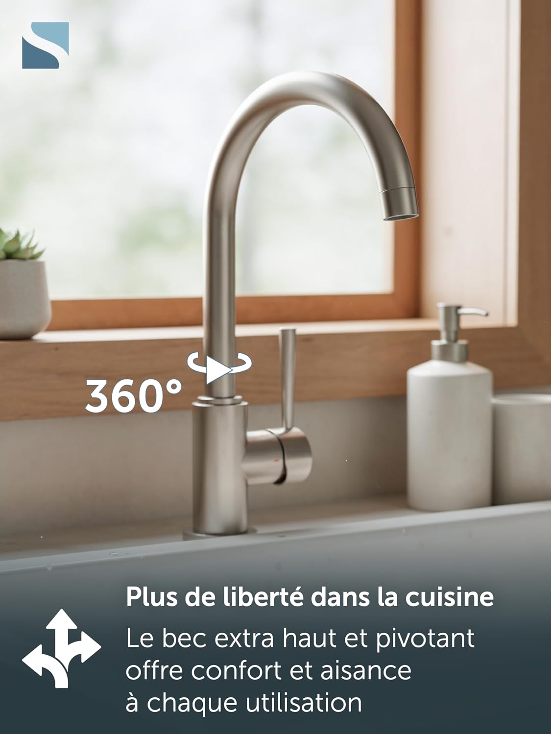 Detalle de SCHÜTTE 79126 Robinet de cuisine Cornwall — mitigeur pivotant 360° et Cold-Start