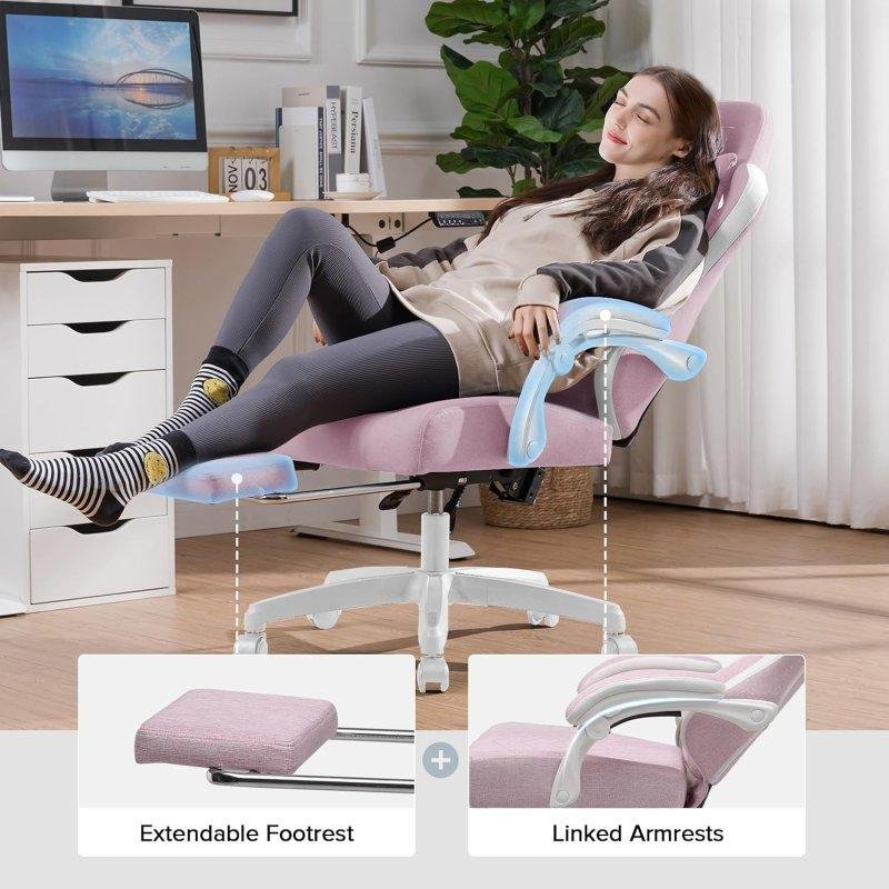 Thumbnail 2 de GTPLAYER Silla gaming ergonómica blanca-rosa con reposabrazos, pies y muelles: comodidad para largas sesiones