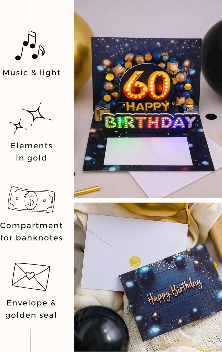 Detalle de Joli Coon Biglietto auguri 60 anni uomo – Biglietto 3D pop up con musica e luce, con busta e sigillo