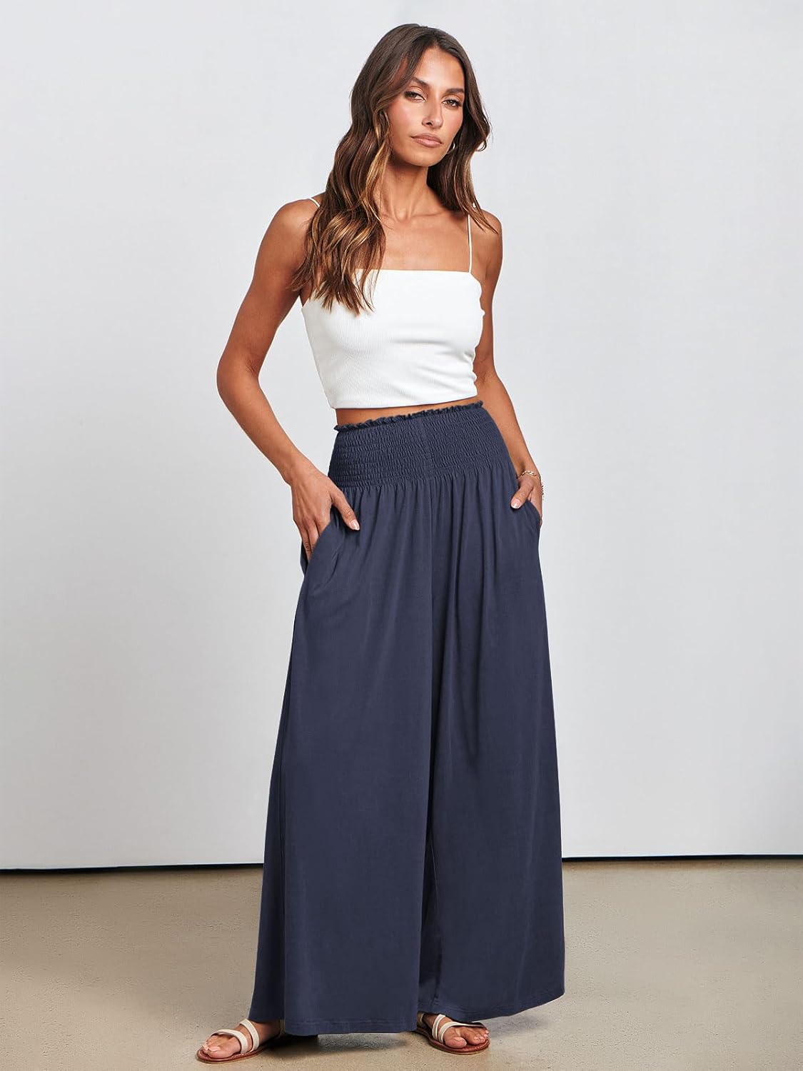 Detalle de ANRABESS Women Palazzo Pants: Smocked High-Waist, Wide-Leg Lounge Pant with Pockets