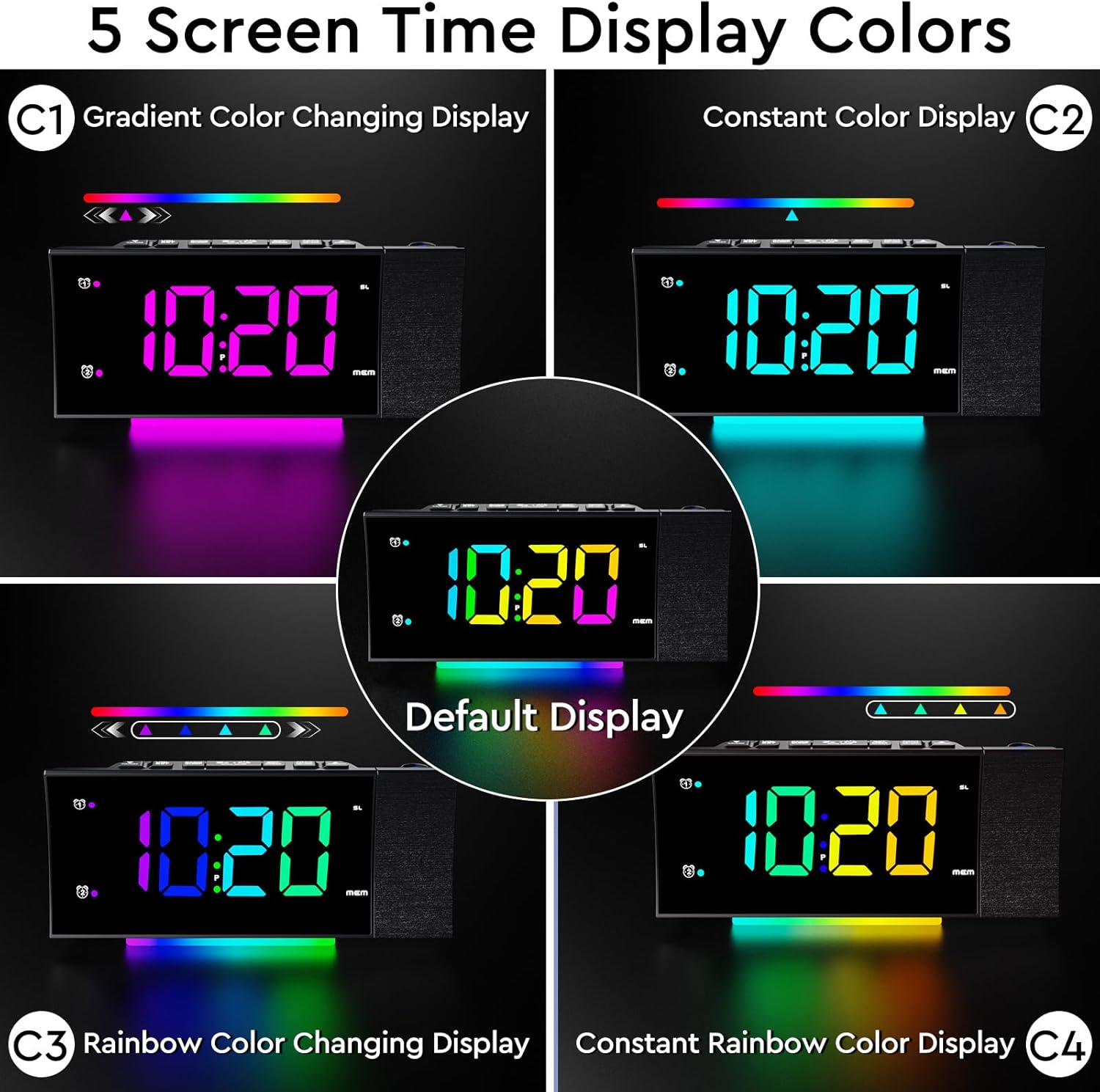 Thumbnail 5 de FCHERP Radio Réveil Projecteur plafond 180° avec radio FM, double alarme et chargeur USB