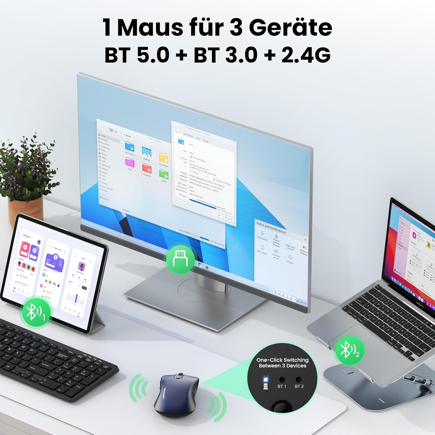 Thumbnail 1 de TECKNET Bluetooth Maus: kabellose Silent-Maus mit 4800 DPI und zwei Geräten
