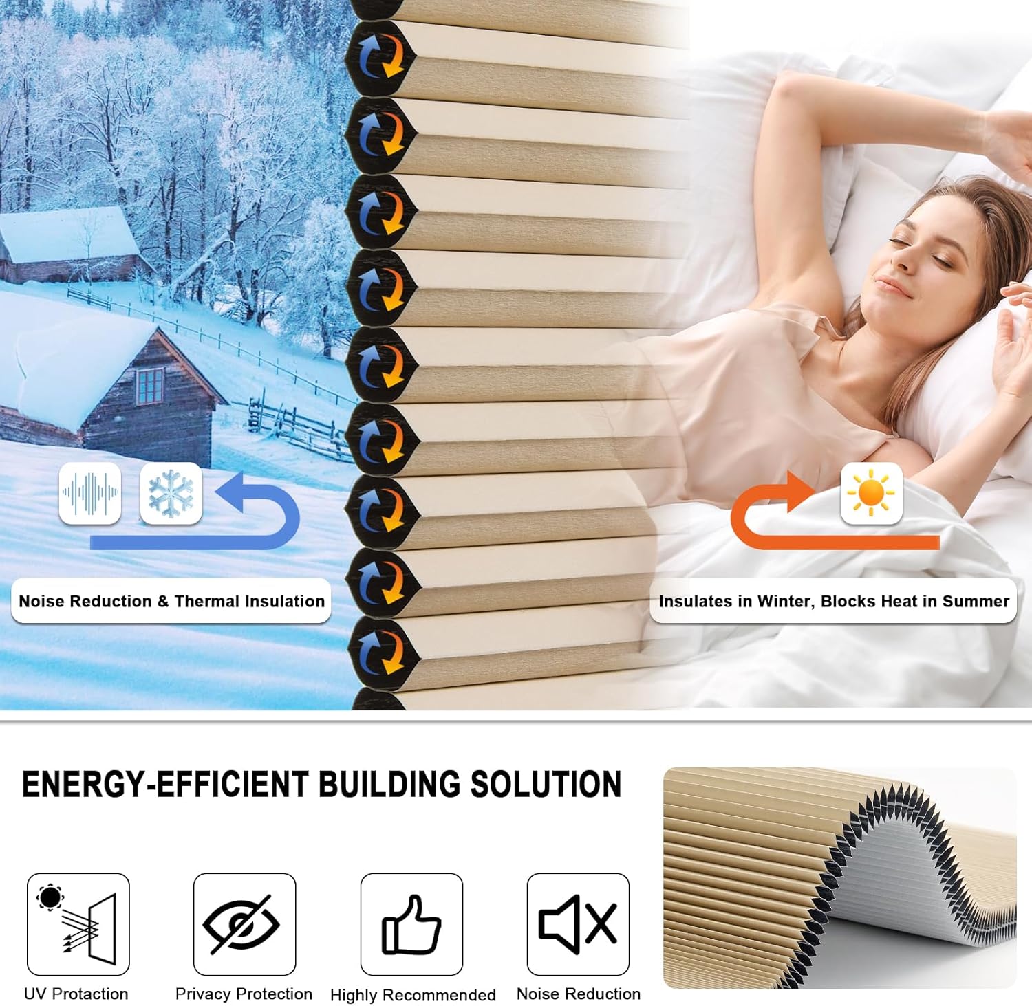 Detalle 2 de Tonature No Drill Cellular Shades: 21" W x 64" H, Beige, Free Stop Cordless Blackout Honeycomb Blinds