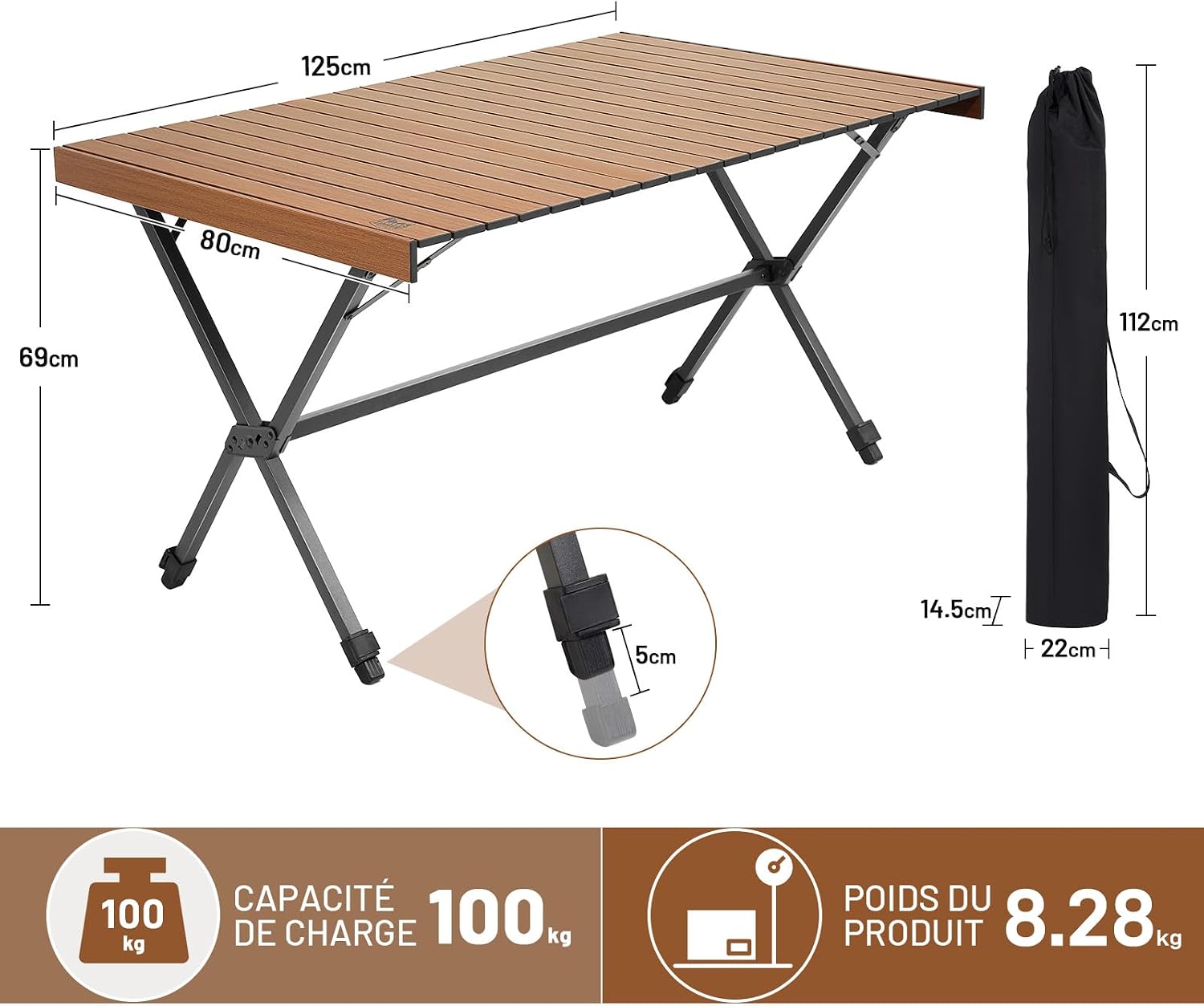 Thumbnail 2 de TIMBER RIDGE Campingtisch Klappbar 125x80cm – Höhenverstellbar, XXL Falttisch für Outdoor