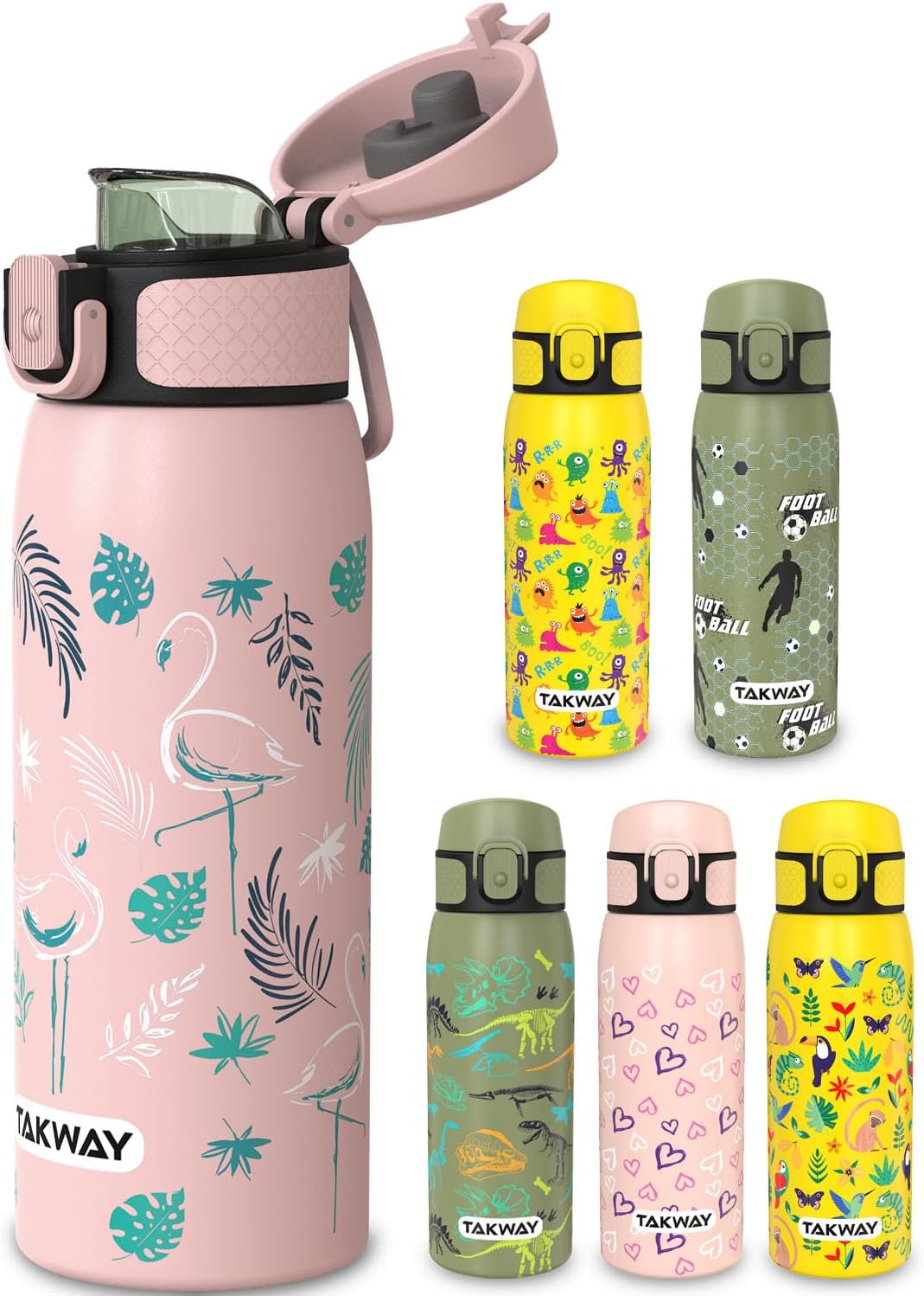 Detalle de TAKWAY Edelstahl Trinkflasche Kinder 550ml Flamingo – auslaufsicher, isoliert und kohlensäuregeeignet