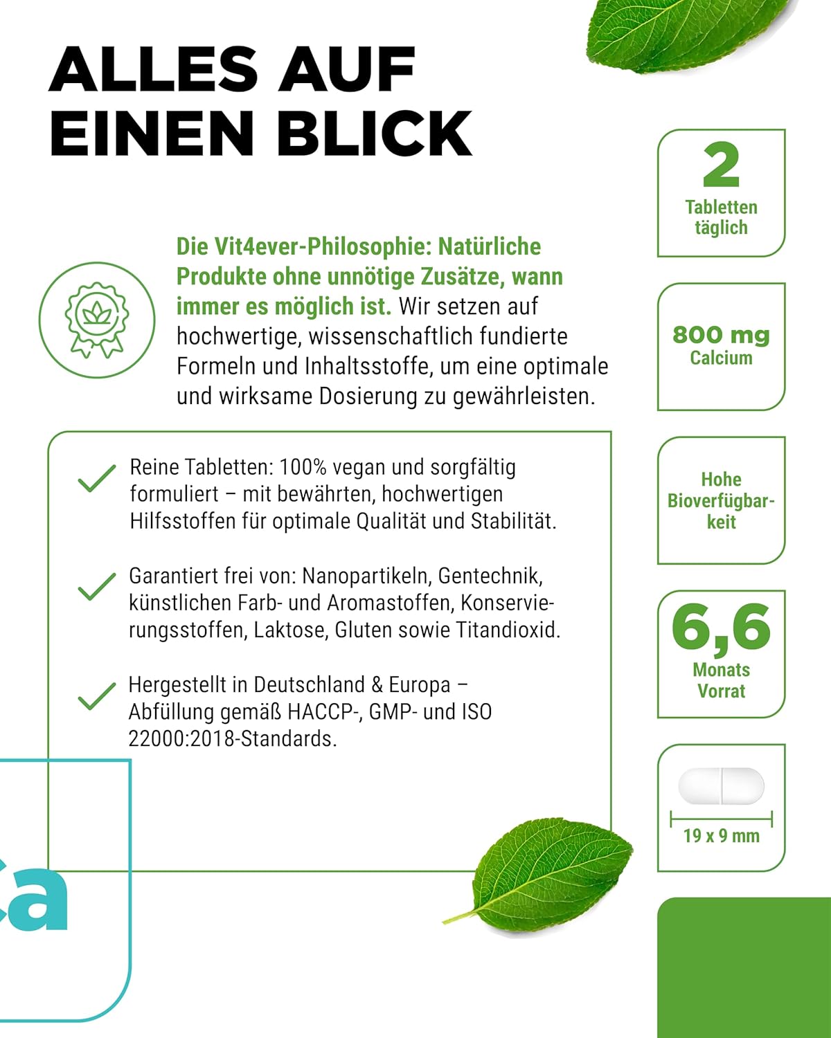 Detalle de vit4ever Calcium 400 Tabletten mit 800 mg elementarem Calcium (Calciumcarbonat) pro Tagesportion – vegan