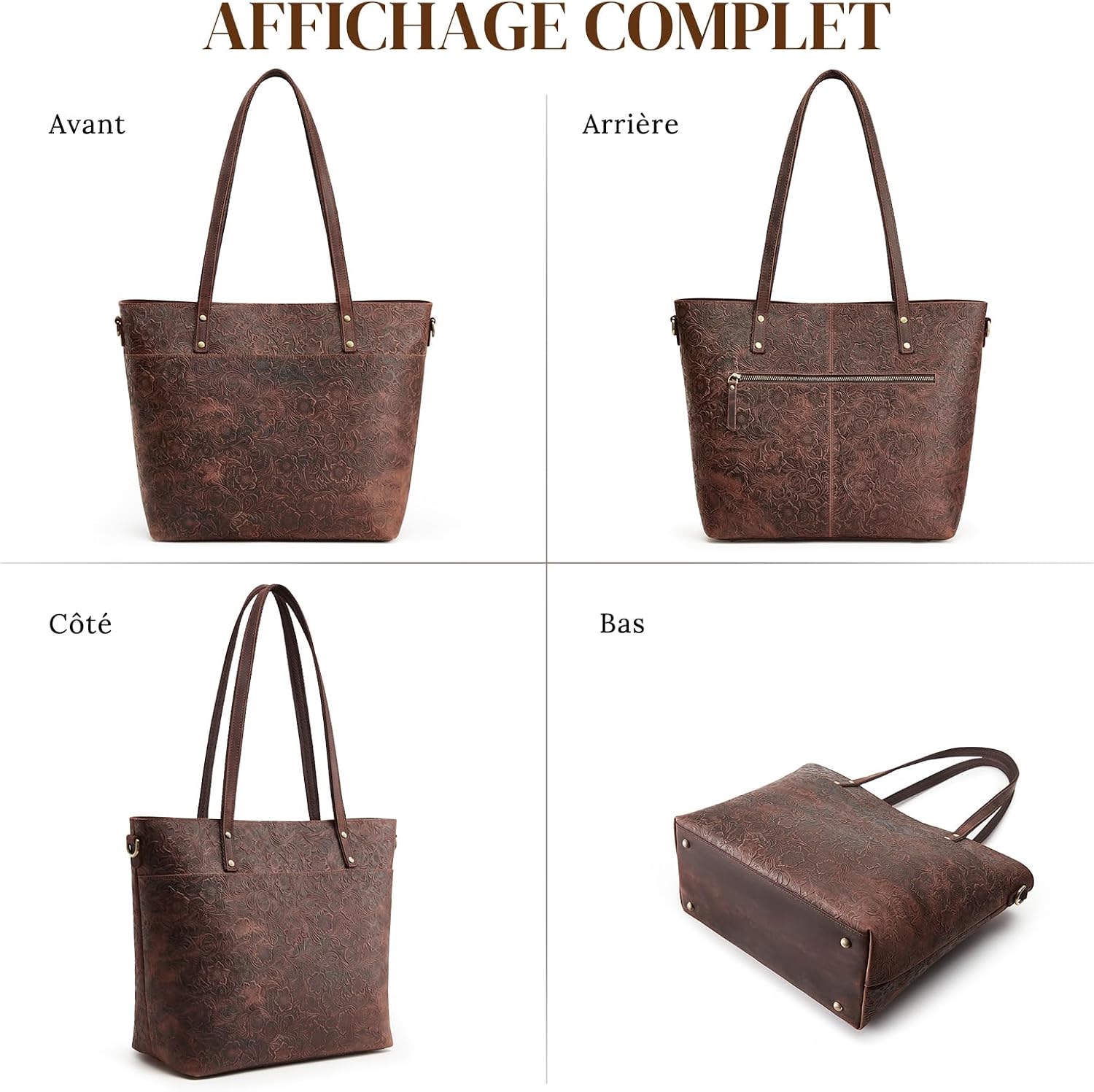 Detalle de S-ZONE Sac fourre-tout en cuir Crazy Horse pour femme — grand sac à bandoulière et ordinateur portable