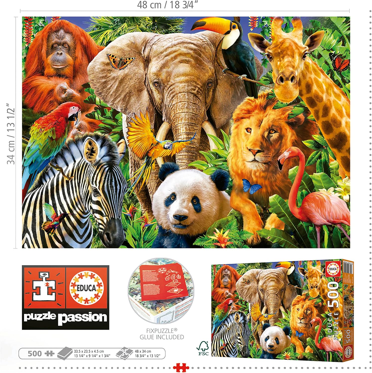 Thumbnail 2 de Puzzle Educa Collage Animaux Sauvages 500 pièces (Lion, Zèbre, Éléphant) – dès 11 ans, 48 x 34 cm