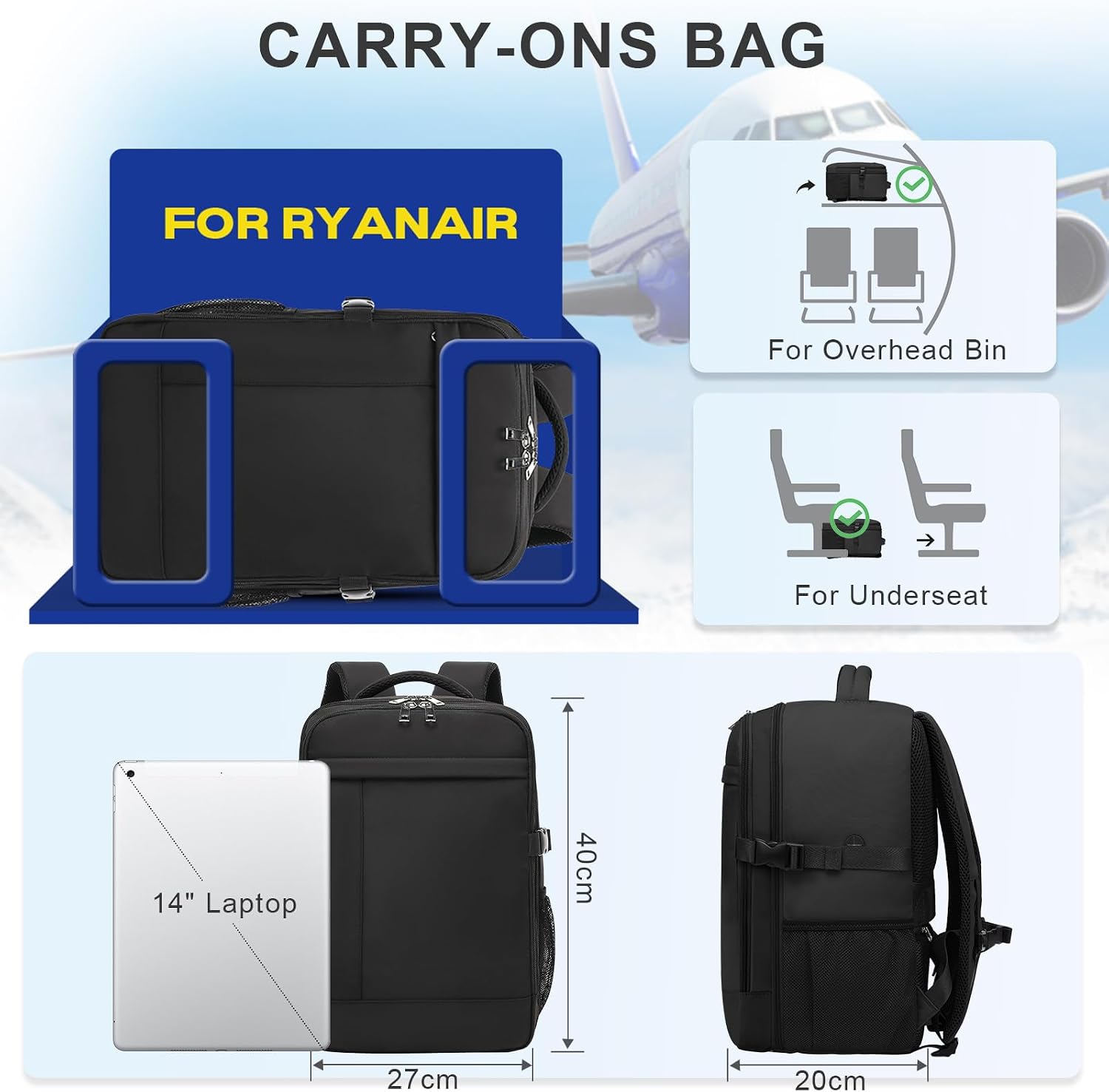 Thumbnail 1 de Xkdoai Zaino 40x30x20 per Ryanair – Bagaglio a Mano 20L, capacità 14 pollici
