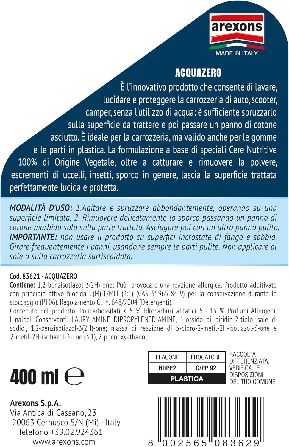 Thumbnail 3 de Arexons Acquazero Pulizia Lavaggio e Lucidatura Auto Senza Acqua, 400 ml