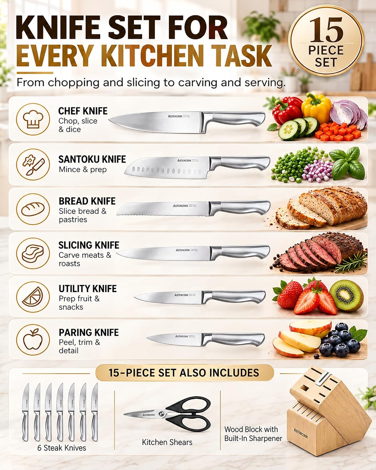 Thumbnail 2 de Astercook K150203S 15-Piece Knife Set with High-Carbon Stainless Steel Blades