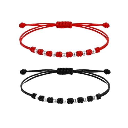 Detalle de Pulseras Para Parejas 7 Bolas Plata y 7 Nudos - Hilo Rojo del Destino y Hilo Negro | AMOR CON PALABRAS