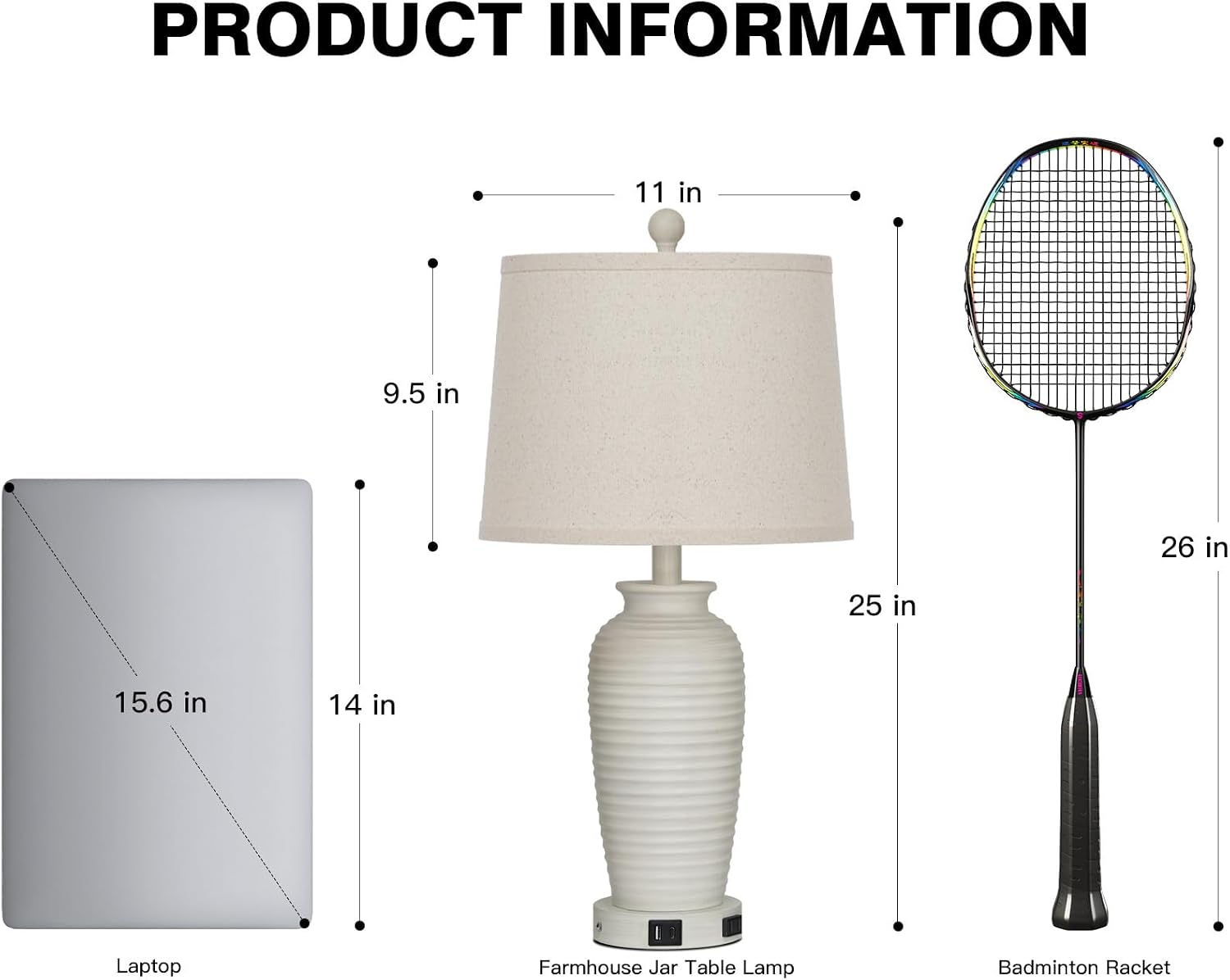 Detalle de CINSARY TD-CS-225-1PK 25" Farmhouse Table Lamp with Touch Dimming, USB-A/C & AC Outlet