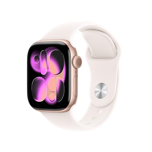 Detalle de Apple Watch Series 11 GPS, cassa 42 mm in alluminio dorato rosa con cinturino Sport rosa fard - taglia S/M