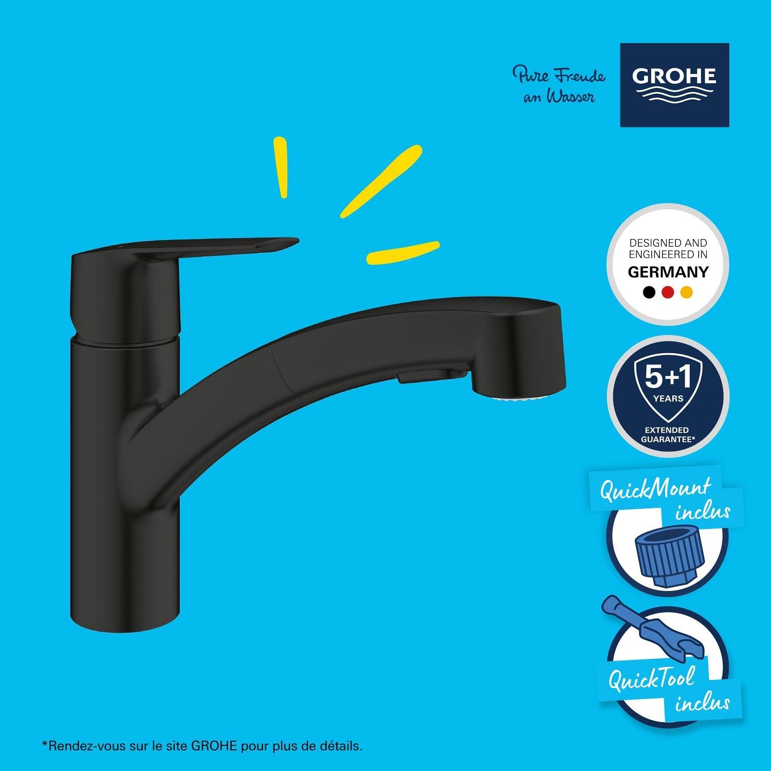 Thumbnail 1 de GROHE Start Mitigeur Monocommande Évier Noir Mat – Douchette Extractible, Bec Bas, Rotation 90°, QuickMount