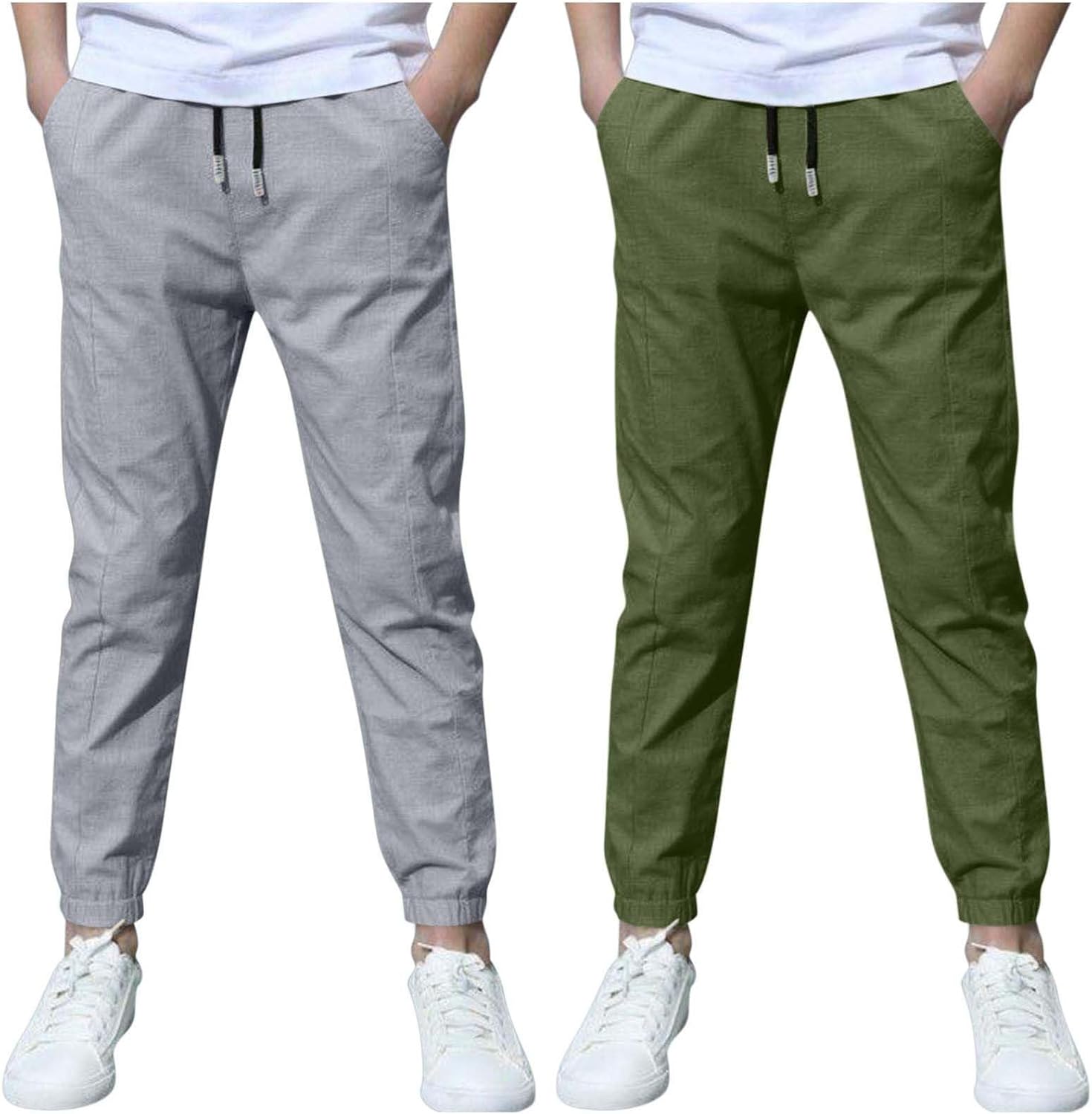 Detalle de DeHolifer: Confezione da 2 Pantaloni in Cotone e Lino per Ragazzo – Vita Elastica, Leggeri e Traspiranti