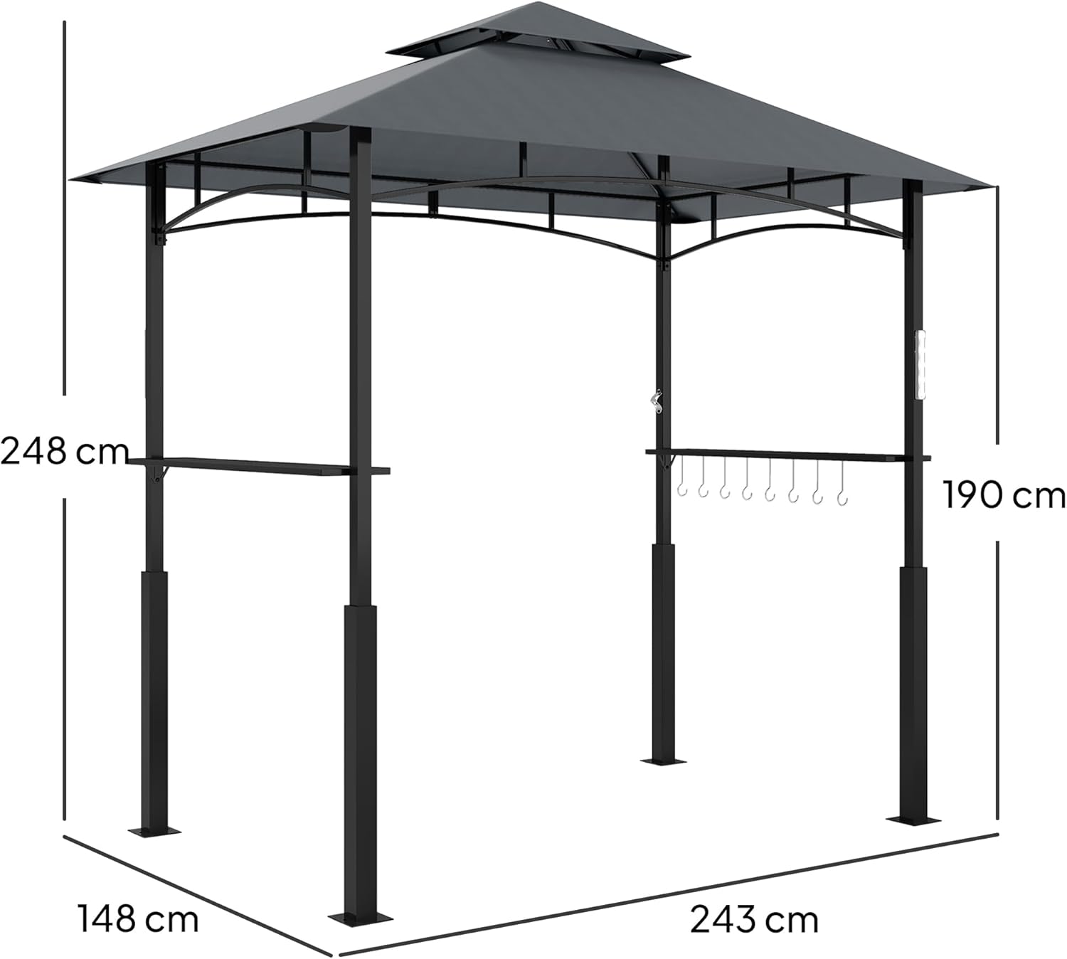 Thumbnail 6 de Outsunny Tonnelle de Barbecue à Deux Niveaux – Auvent avec LED et Étagères Latérales, 240 x 150 x 250 cm, Gris foncé