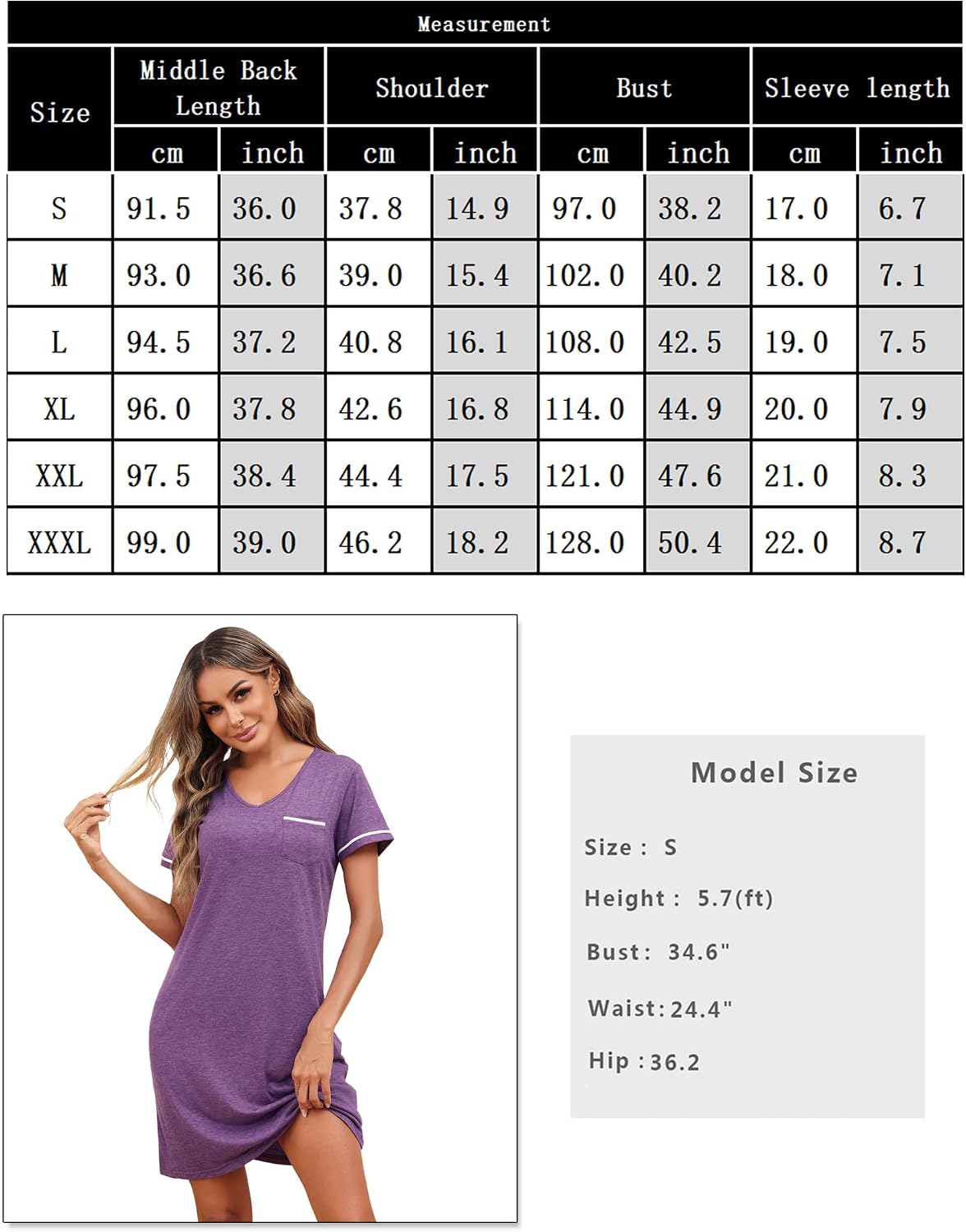 Detalle de Demegimi chemise de nuit femme courte en coton à manches courtes (col en V)