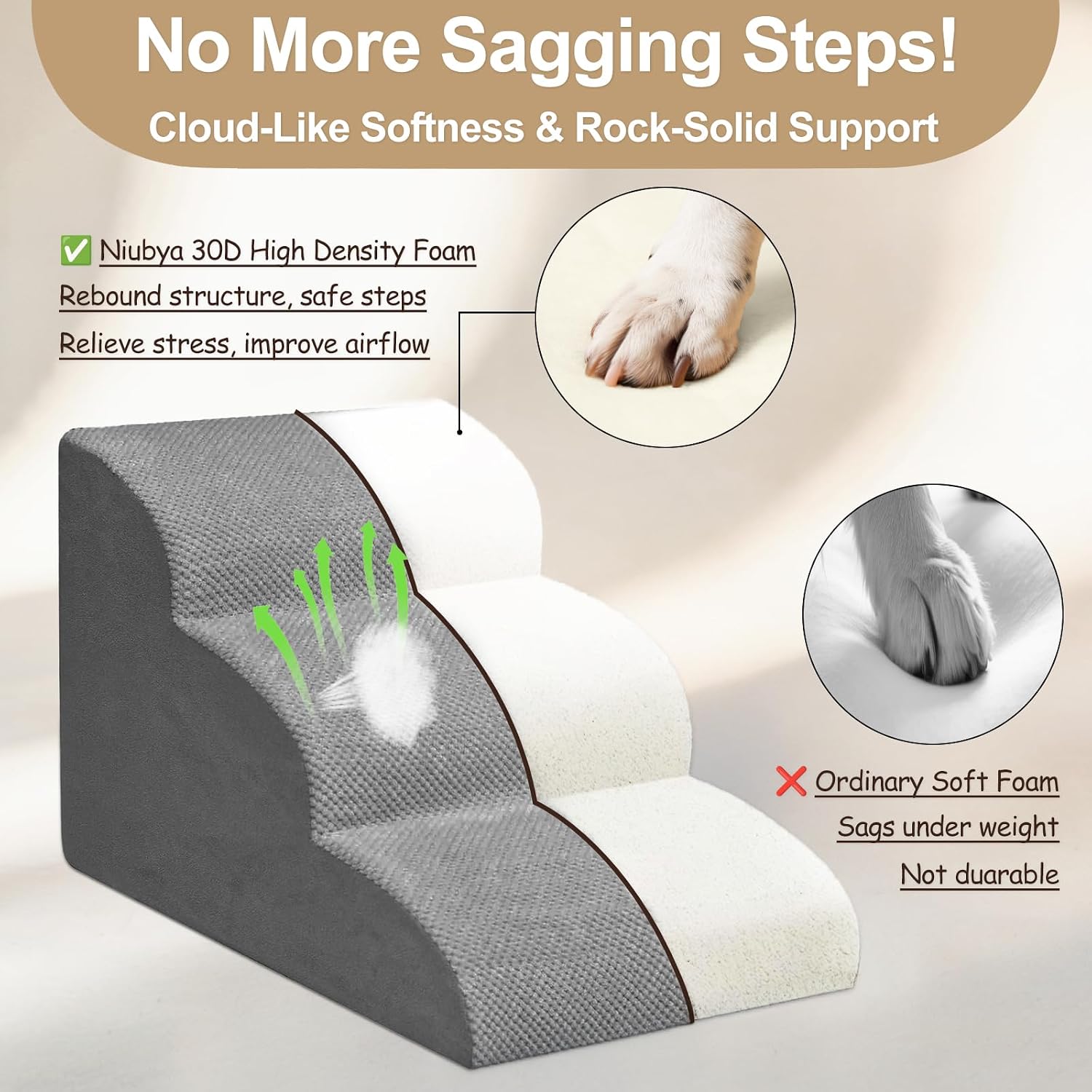 Thumbnail 2 de Niubya 4 Step Dog Stairs for High Beds – Extra Tall Foam Pet Ramp (Grey, 72x42x52 cm)